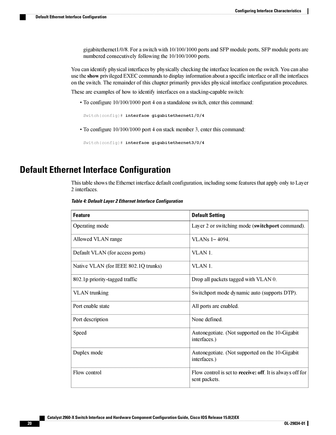 Cisco Systems WSC2960X48TDL manual Default Ethernet Interface Configuration, Feature, Default Setting 