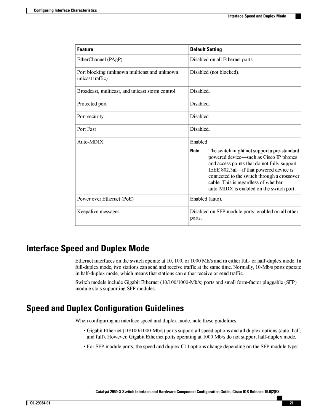 Cisco Systems WSC2960X48TDL manual Interface Speed and Duplex Mode, Speed and Duplex Configuration Guidelines 