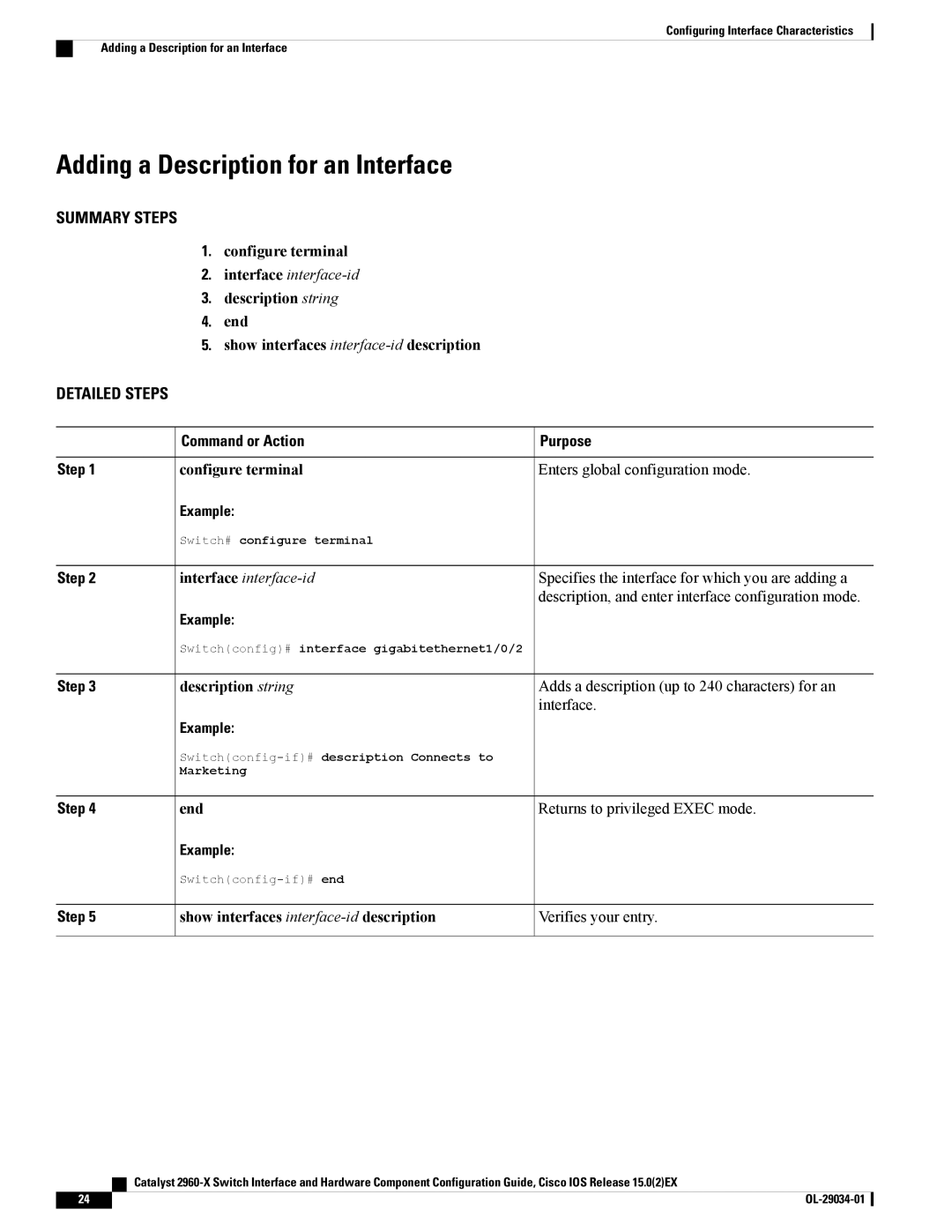 Cisco Systems WSC2960X48TDL manual Adding a Description for an Interface, Configure terminal, Description string 