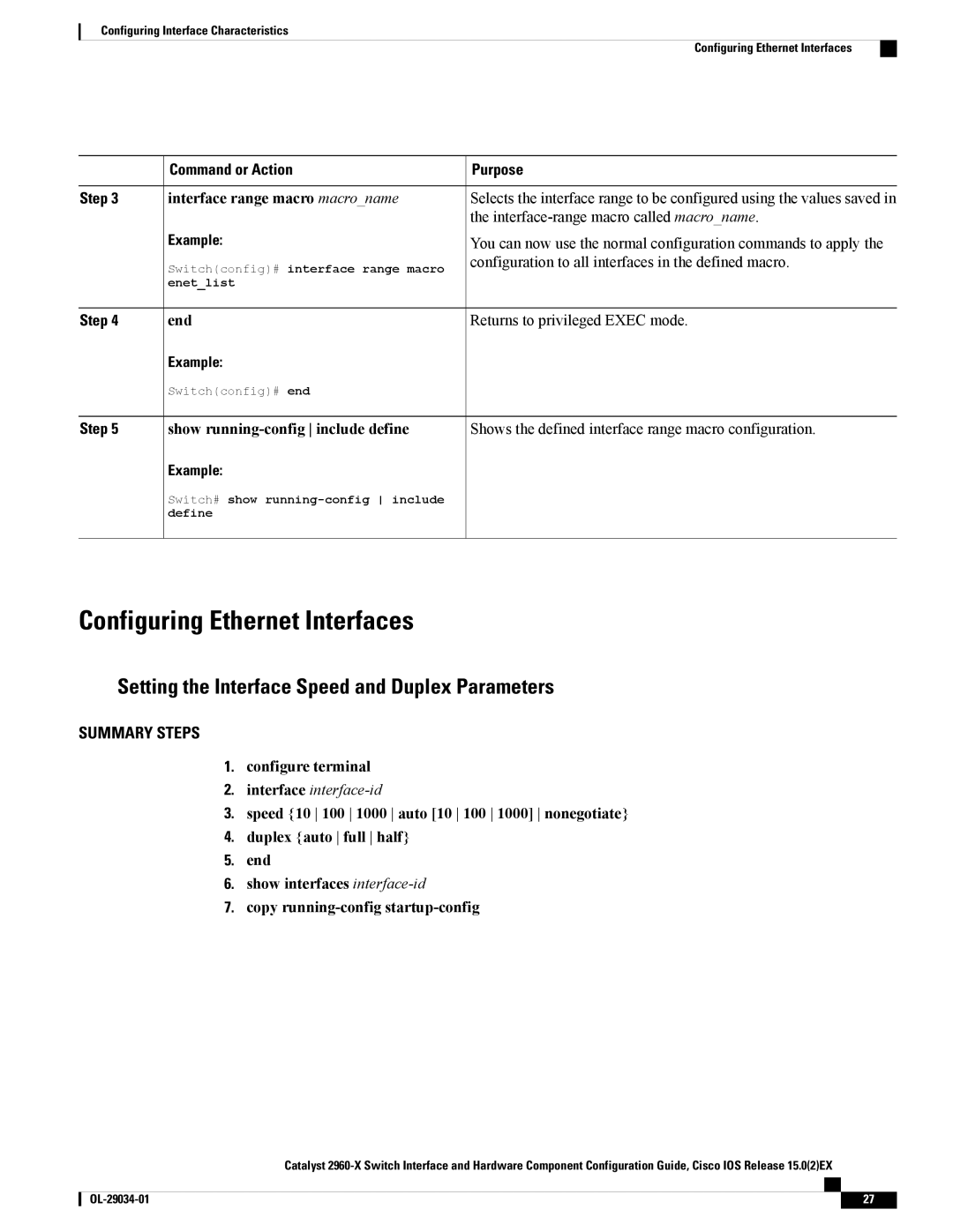 Cisco Systems WSC2960X48TDL manual Configuring Ethernet Interfaces, Setting the Interface Speed and Duplex Parameters 