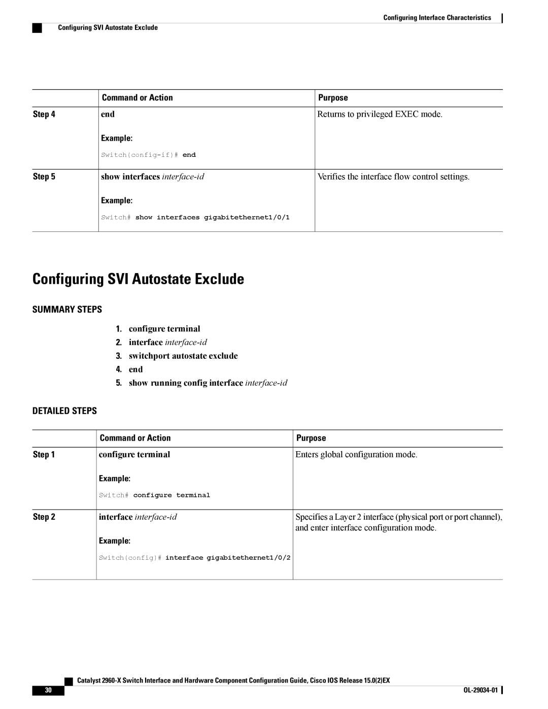 Cisco Systems WSC2960X48TDL manual Configuring SVI Autostate Exclude, End Returns to privileged Exec mode 