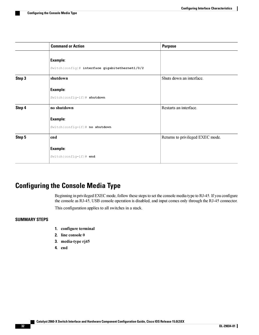 Cisco Systems WSC2960X48TDL manual Configuring the Console Media Type, Shutdown Shuts down an interface 