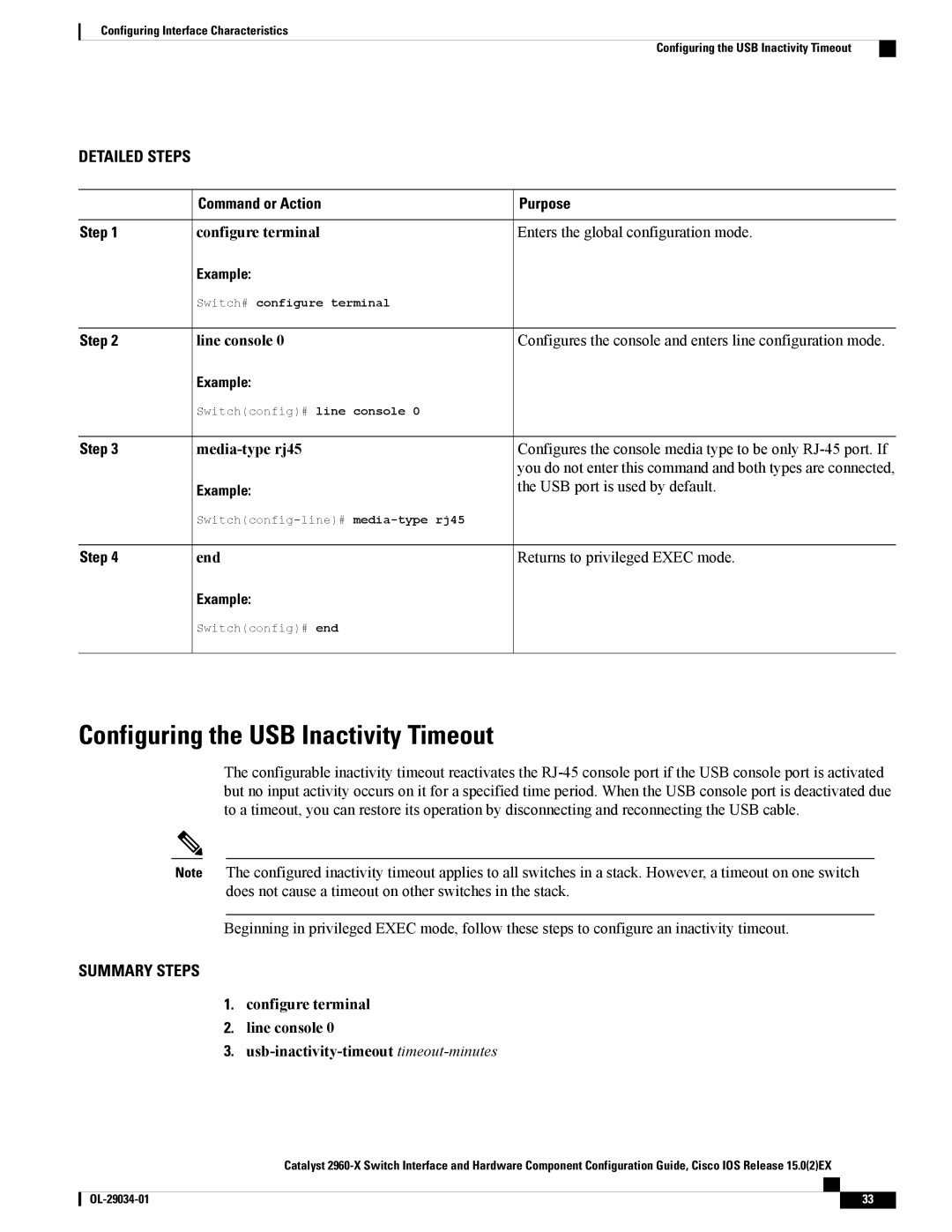 Cisco Systems WSC2960X48TDL manual Configuring the USB Inactivity Timeout 