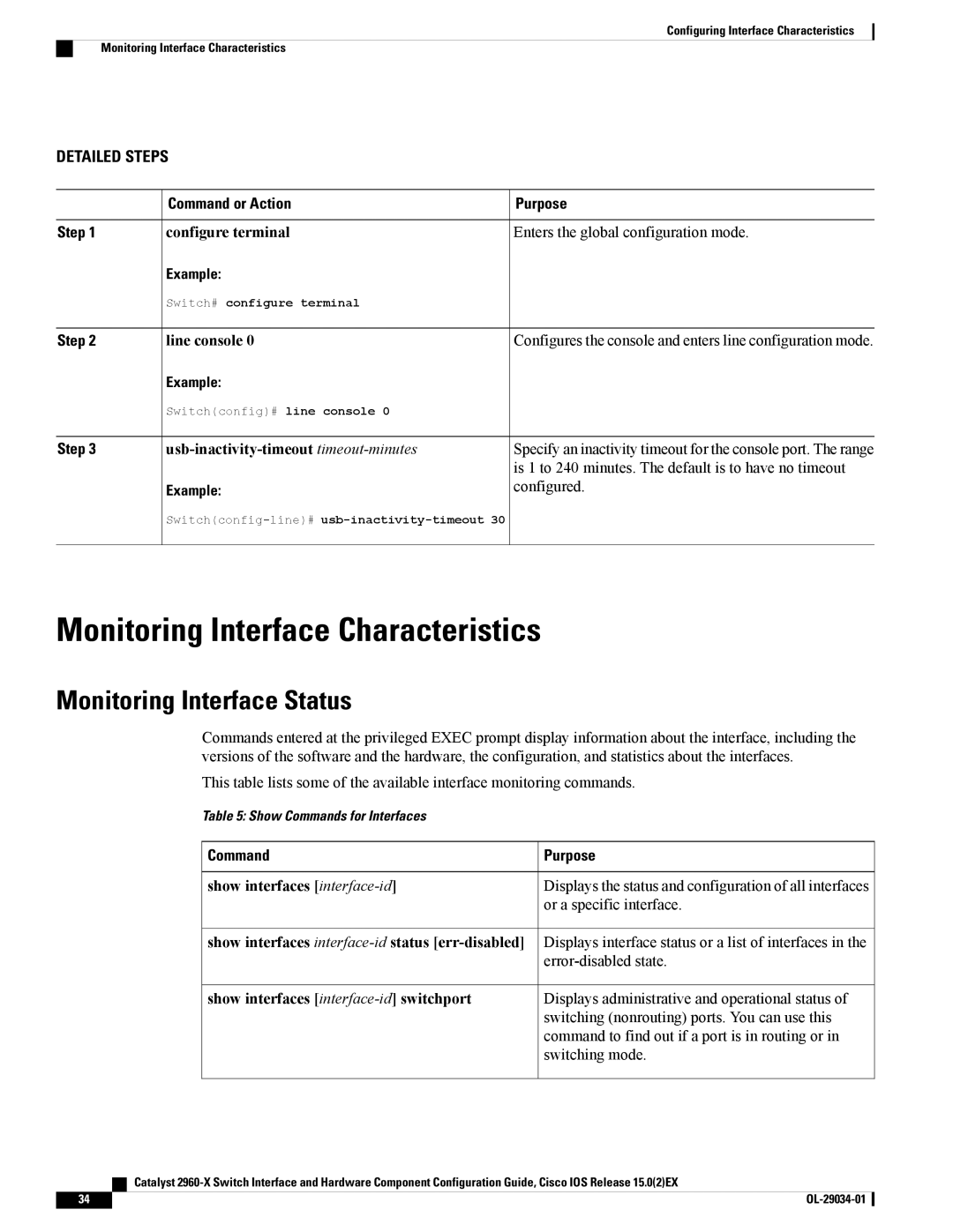 Cisco Systems WSC2960X48TDL manual Monitoring Interface Characteristics, Monitoring Interface Status, Command Purpose 