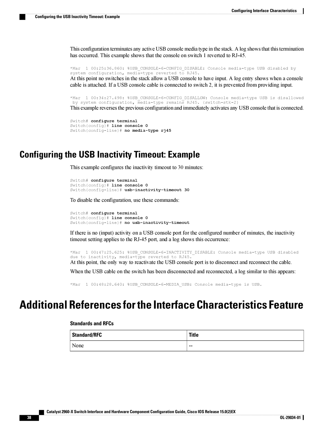 Cisco Systems WSC2960X48TDL manual Configuring the USB Inactivity Timeout Example, Standards and RFCs Standard/RFC, None 