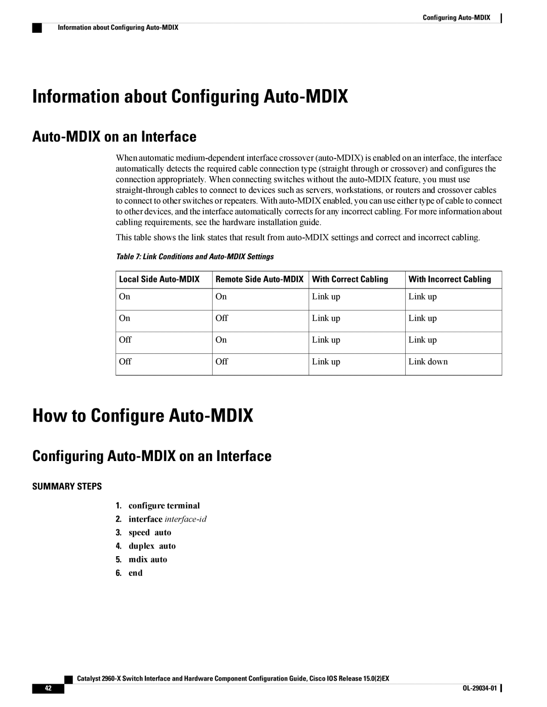 Cisco Systems WSC2960X48TDL Information about Configuring Auto-MDIX, How to Configure Auto-MDIX, Auto-MDIX on an Interface 