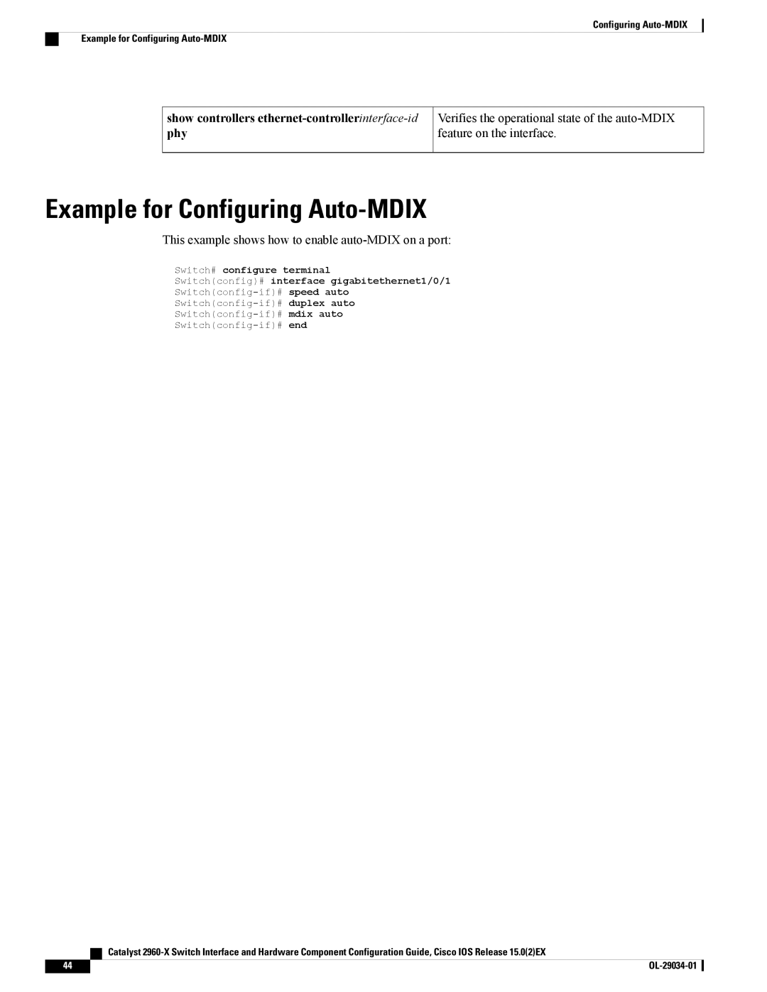 Cisco Systems WSC2960X48TDL manual Example for Configuring Auto-MDIX, This example shows how to enable auto-MDIX on a port 