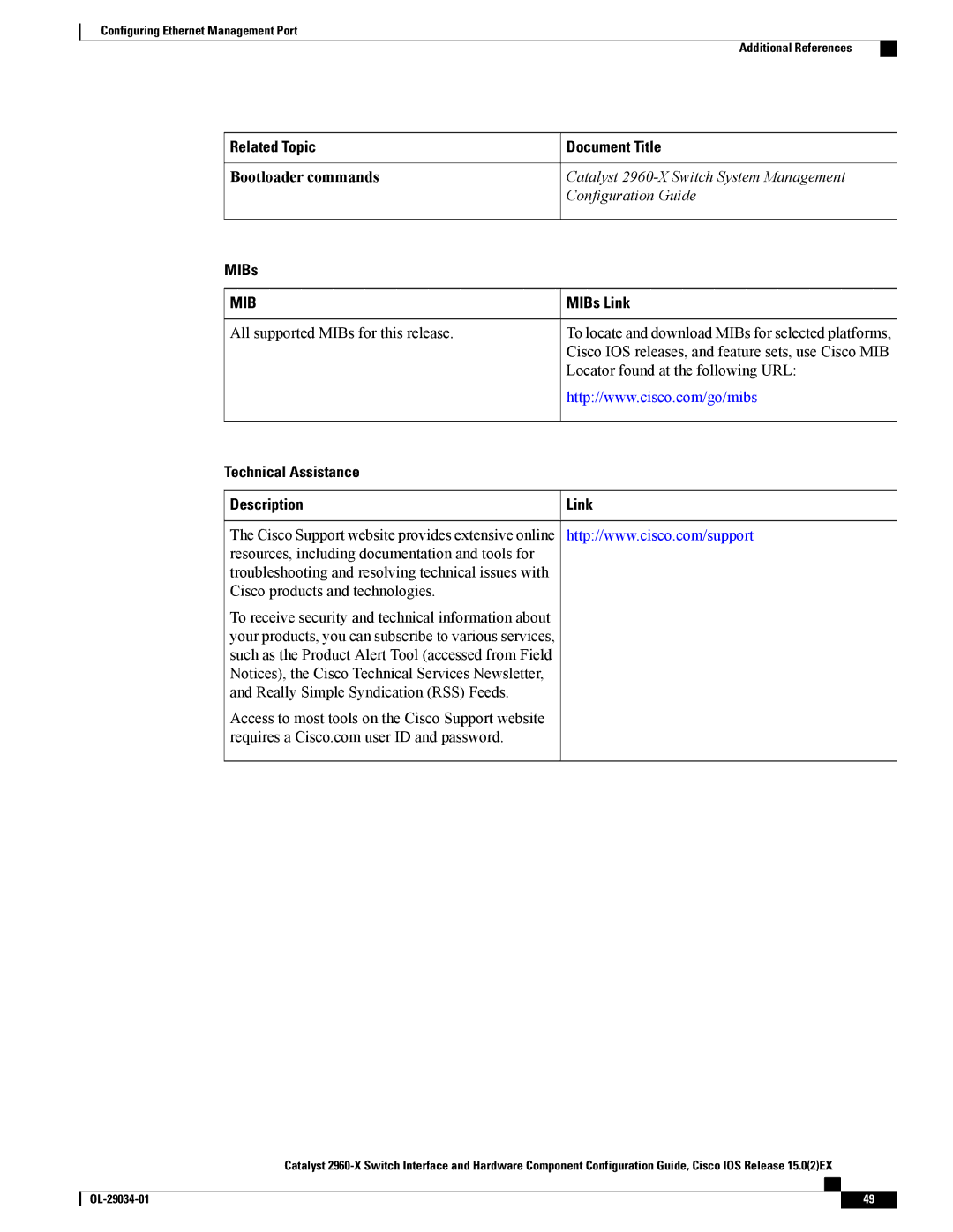 Cisco Systems WSC2960X48TDL manual Related Topic, Bootloader commands, Document Title, MIBs Link 