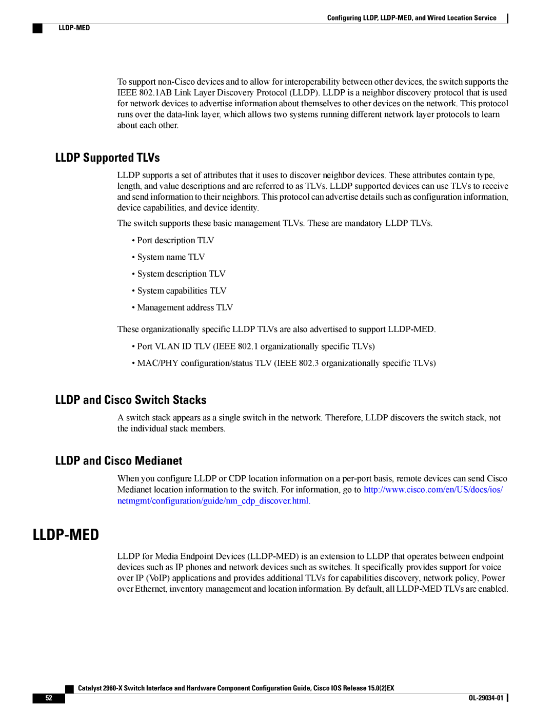 Cisco Systems WSC2960X48TDL manual Lldp Supported TLVs, Lldp and Cisco Switch Stacks, Lldp and Cisco Medianet 