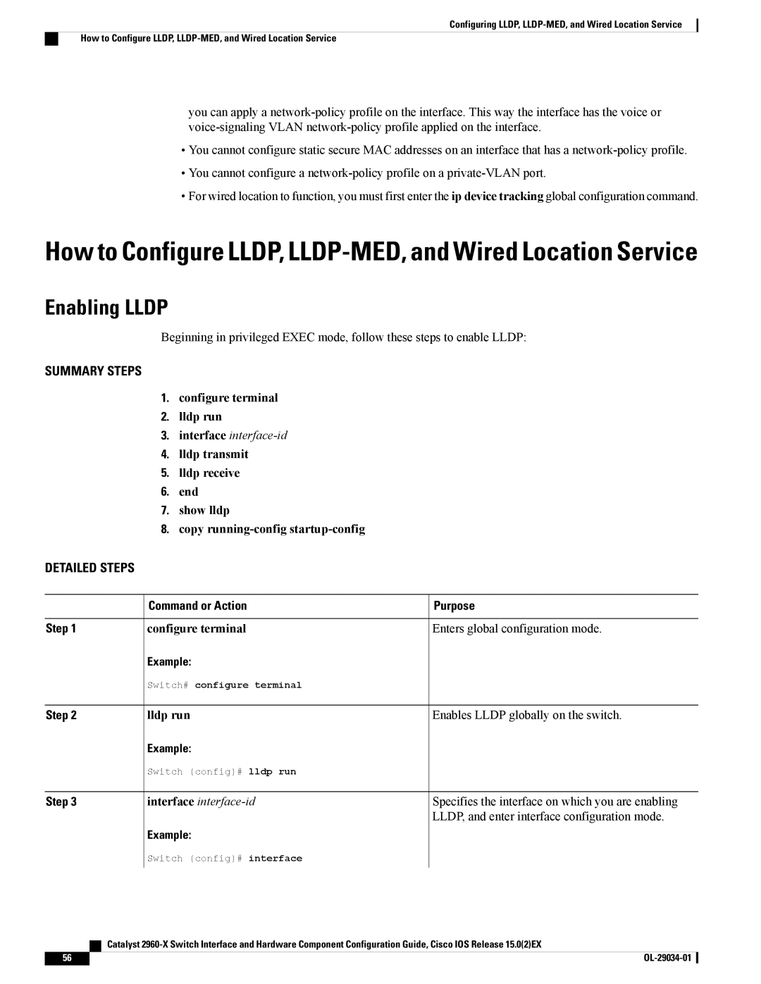 Cisco Systems WSC2960X48TDL manual Enabling Lldp, Configure terminal Lldp run, Lldp run Enables Lldp globally on the switch 