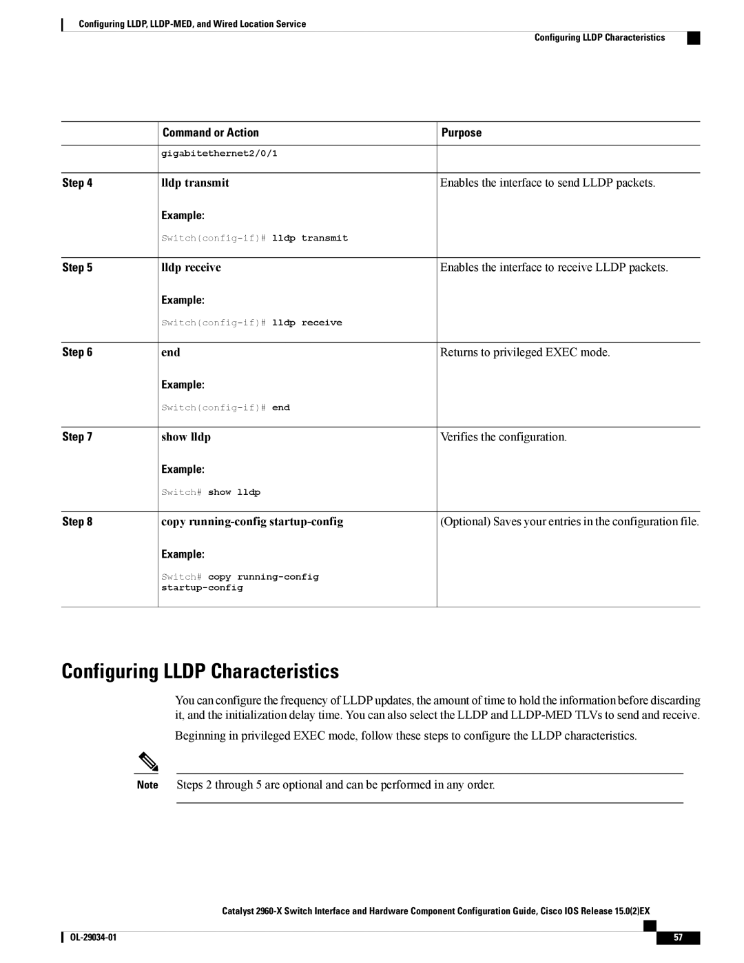 Cisco Systems WSC2960X48TDL Configuring Lldp Characteristics, Lldp transmit Enables the interface to send Lldp packets 