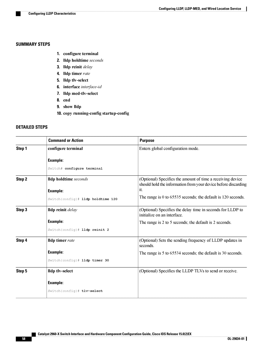 Cisco Systems WSC2960X48TDL manual Switchconfig# lldp holdtime 