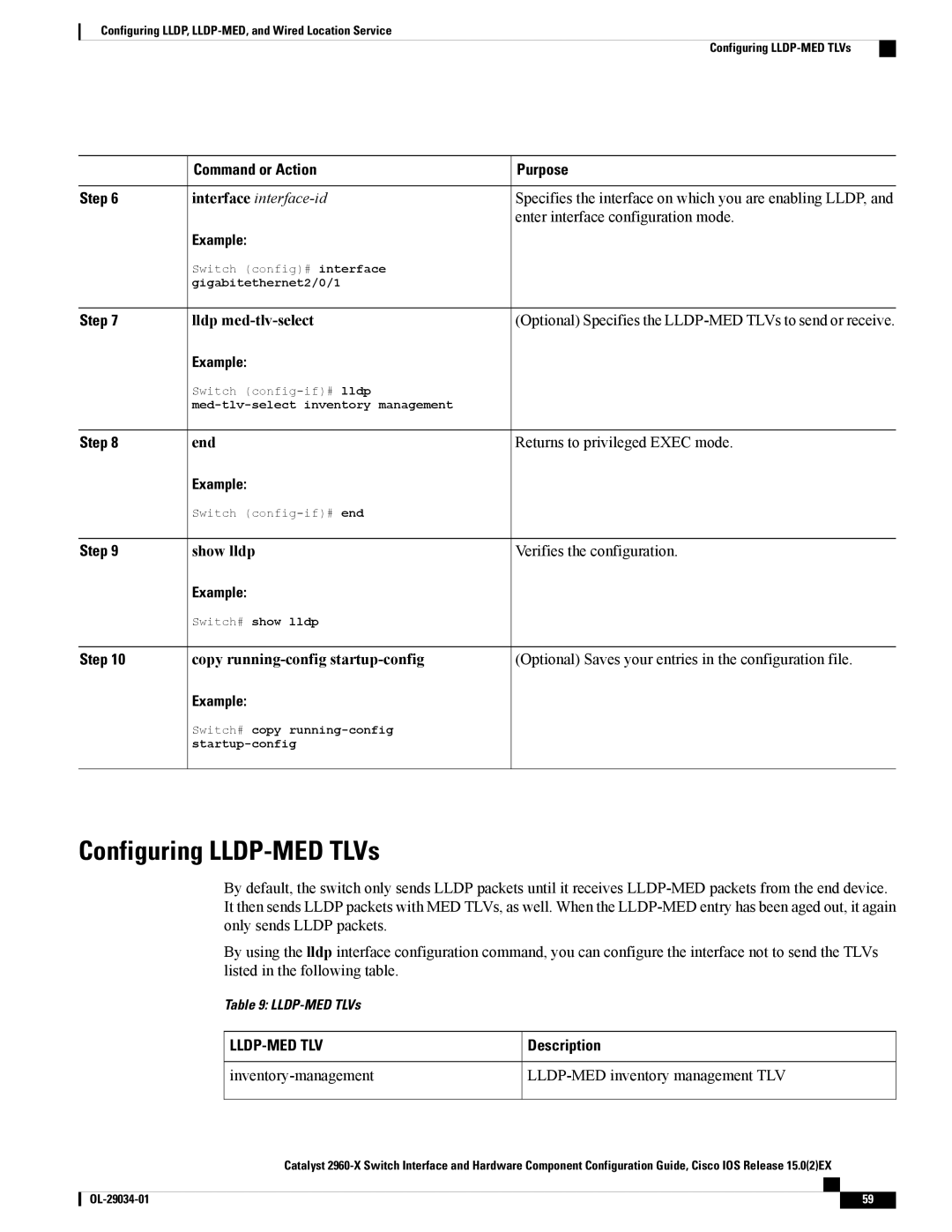 Cisco Systems WSC2960X48TDL manual Configuring LLDP-MED TLVs, Command or Action Purpose Step 