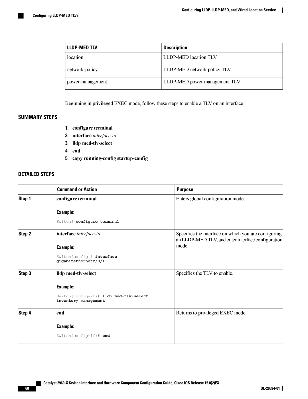 Cisco Systems WSC2960X48TDL manual Lldp med-tlv-select End Copy running-config startup-config 