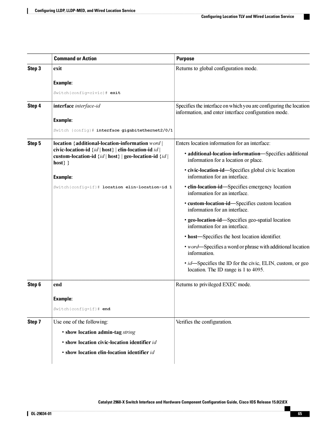 Cisco Systems WSC2960X48TDL Exit Returns to global configuration mode, Information, and enter interface configuration mode 