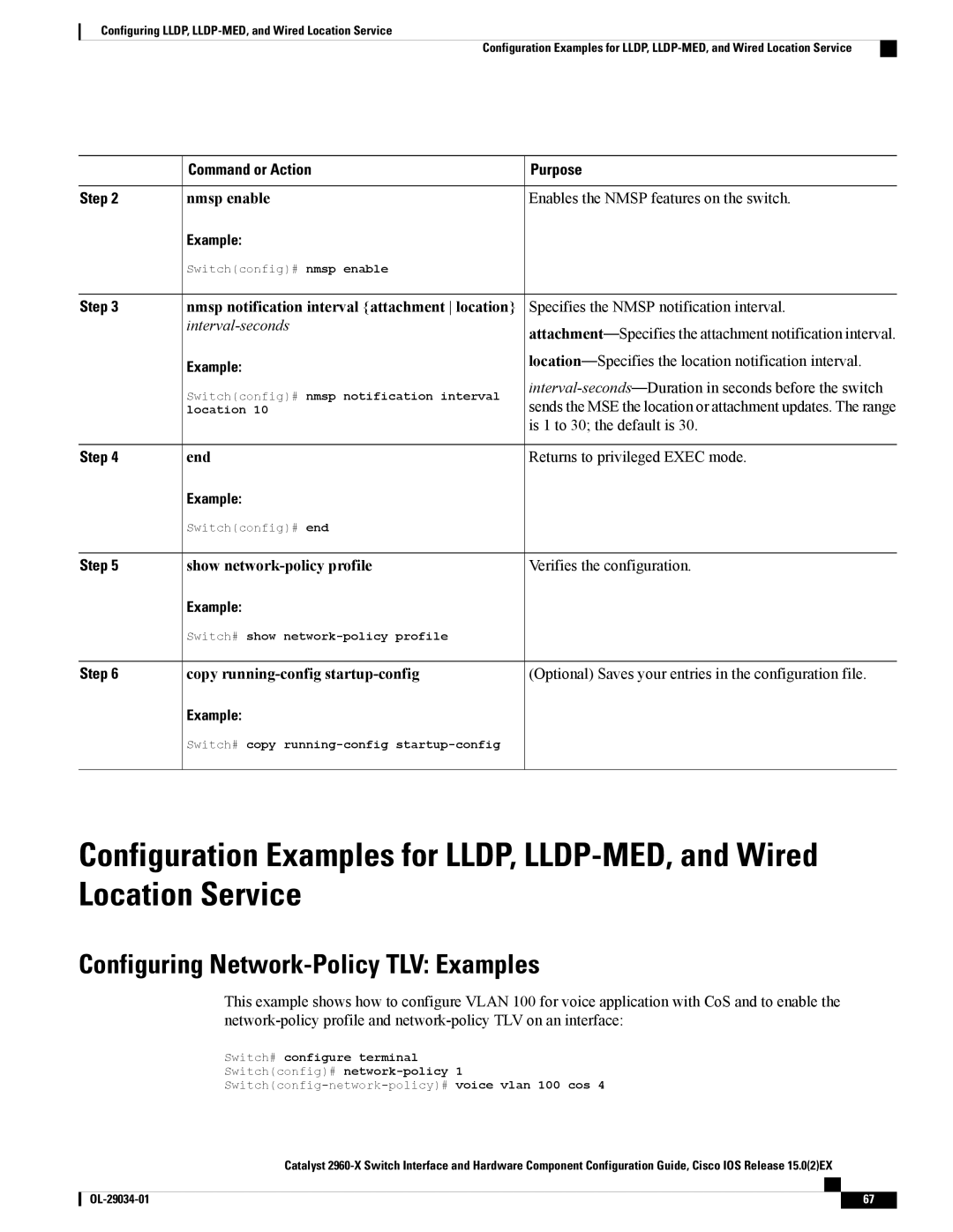 Cisco Systems WSC2960X48TDL Configuring Network-Policy TLV Examples, Nmsp enable Enables the Nmsp features on the switch 