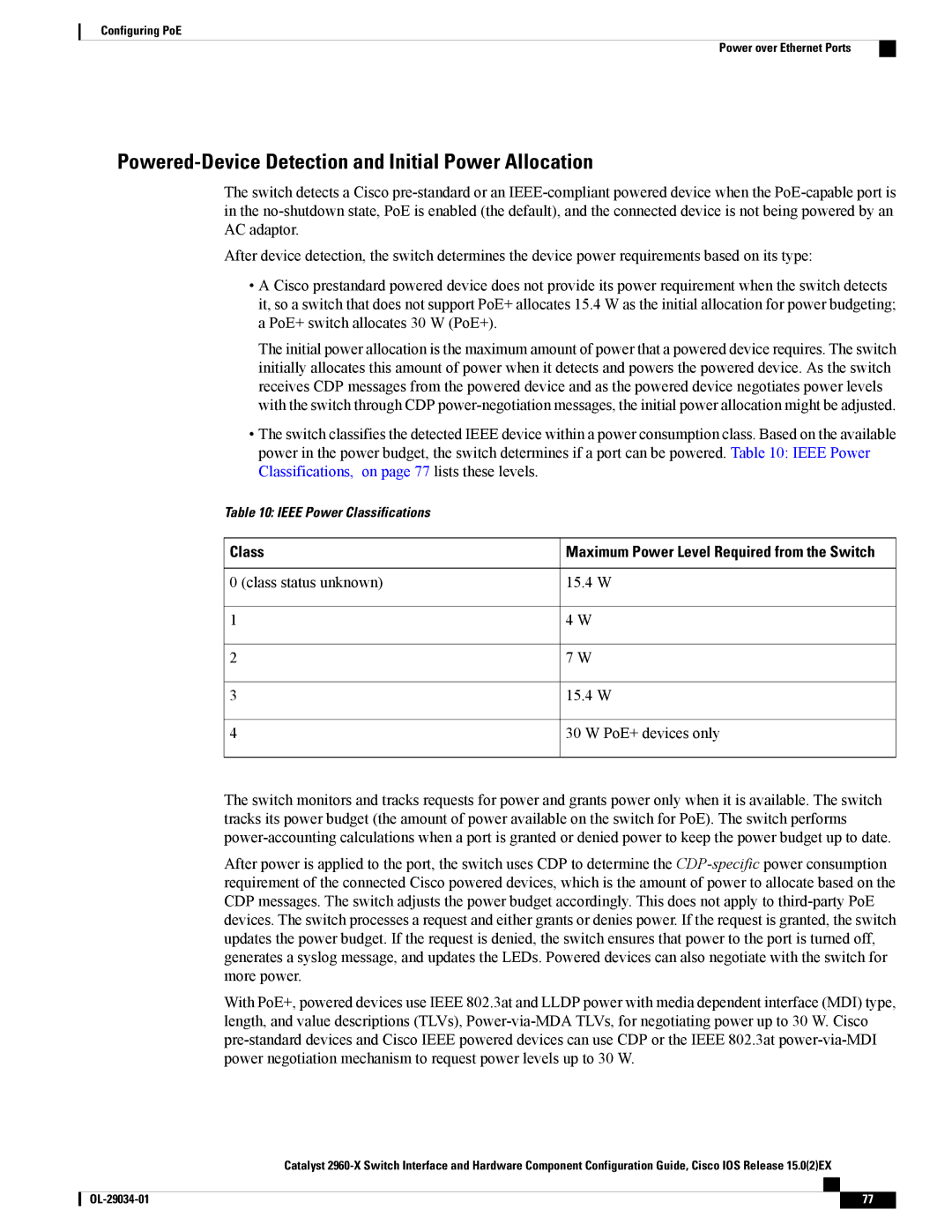 Cisco Systems WSC2960X48TDL manual Powered-Device Detection and Initial Power Allocation, Class 