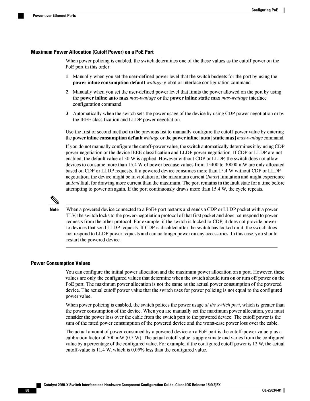 Cisco Systems WSC2960X48TDL manual Maximum Power Allocation Cutoff Power on a PoE Port 