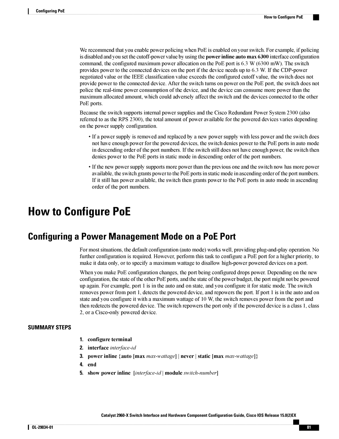 Cisco Systems WSC2960X48TDL manual How to Configure PoE, Configuring a Power Management Mode on a PoE Port 