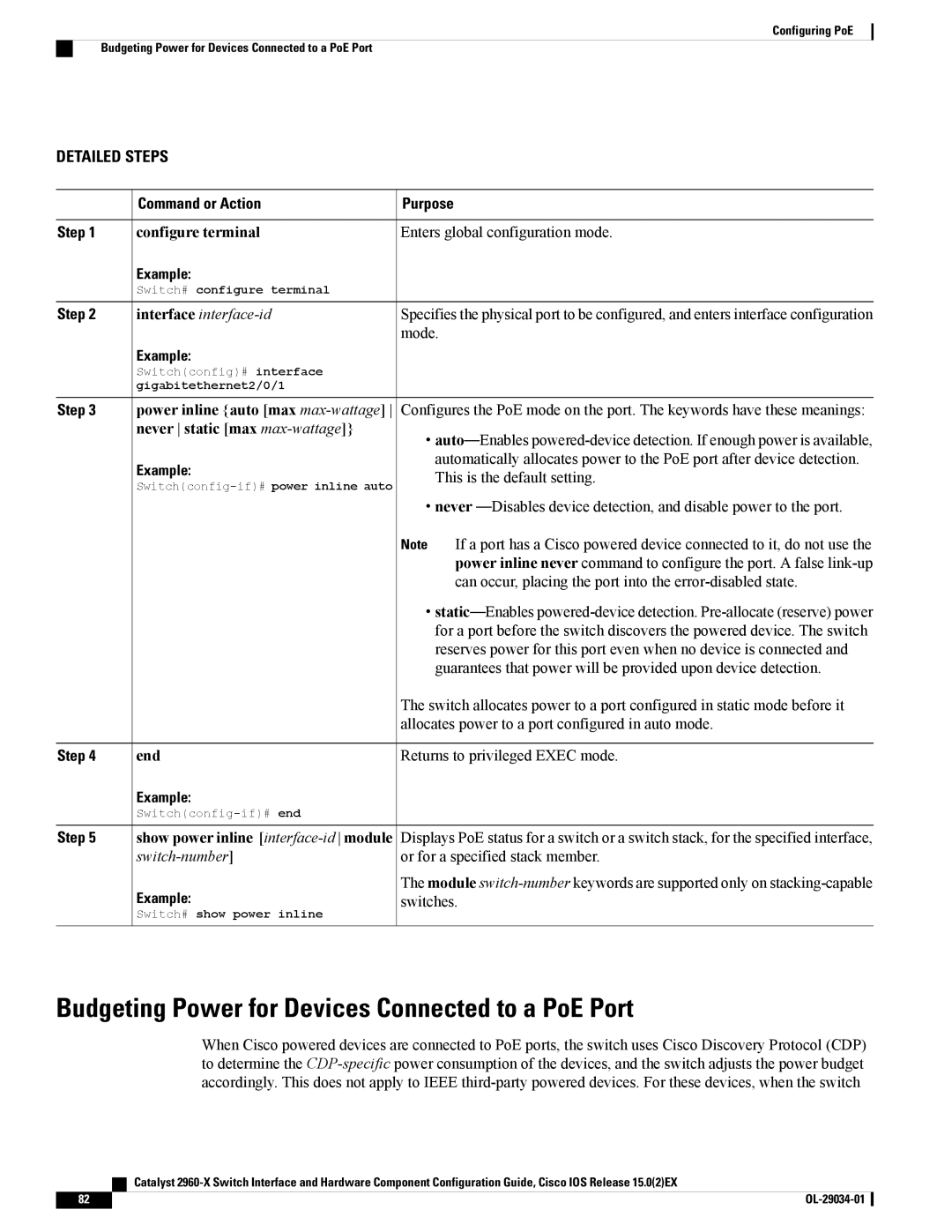 Cisco Systems WSC2960X48TDL manual Budgeting Power for Devices Connected to a PoE Port, Never static max max-wattage 