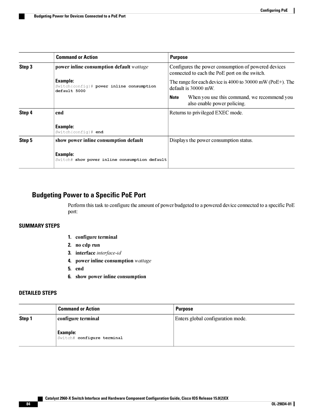 Cisco Systems WSC2960X48TDL manual Budgeting Power to a Specific PoE Port, Configure terminal No cdp run 