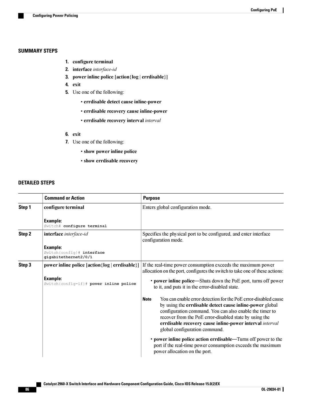 Cisco Systems WSC2960X48TDL manual Power inline police actionlog errdisable Exit, Configuration mode 