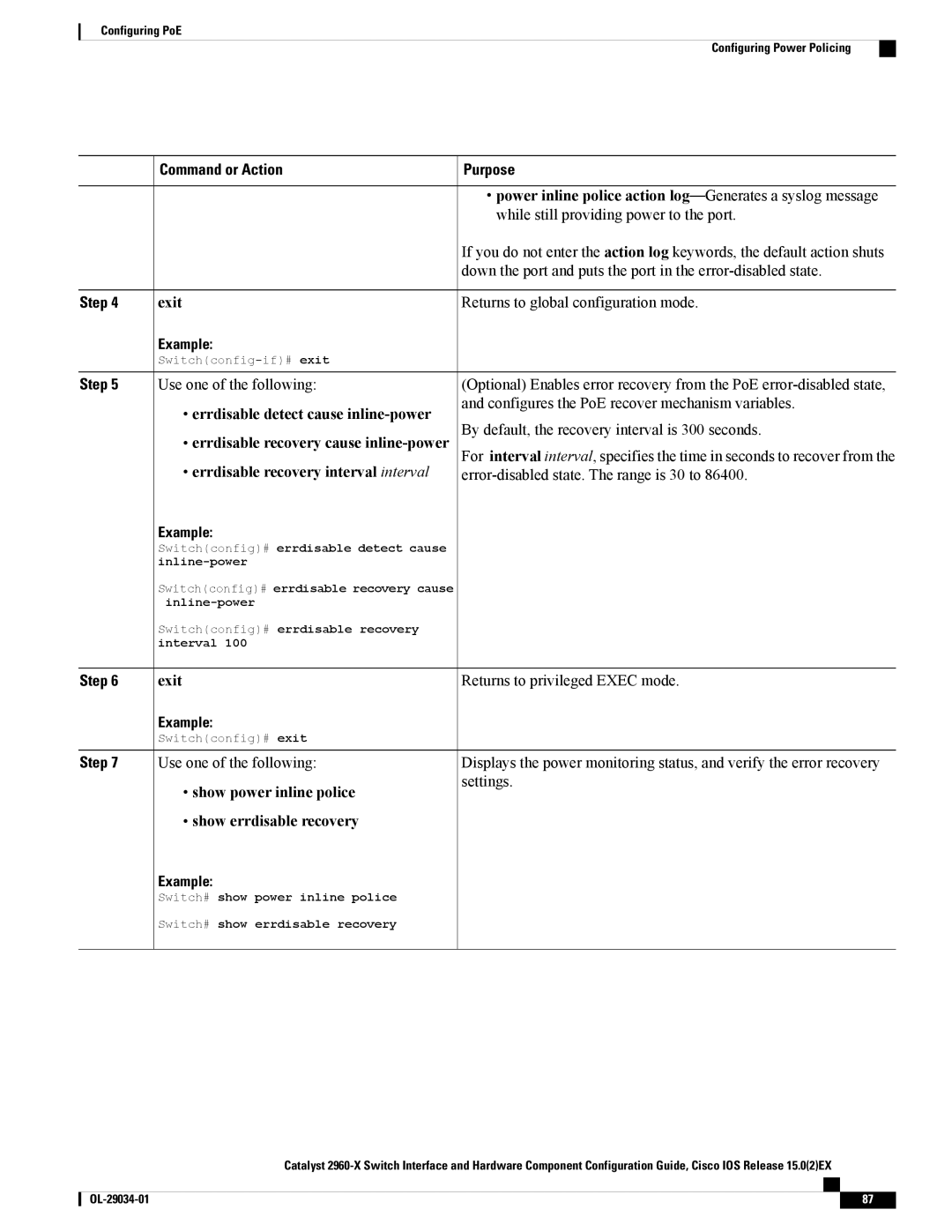 Cisco Systems WSC2960X48TDL manual Power inline police action log-Generates a syslog message 