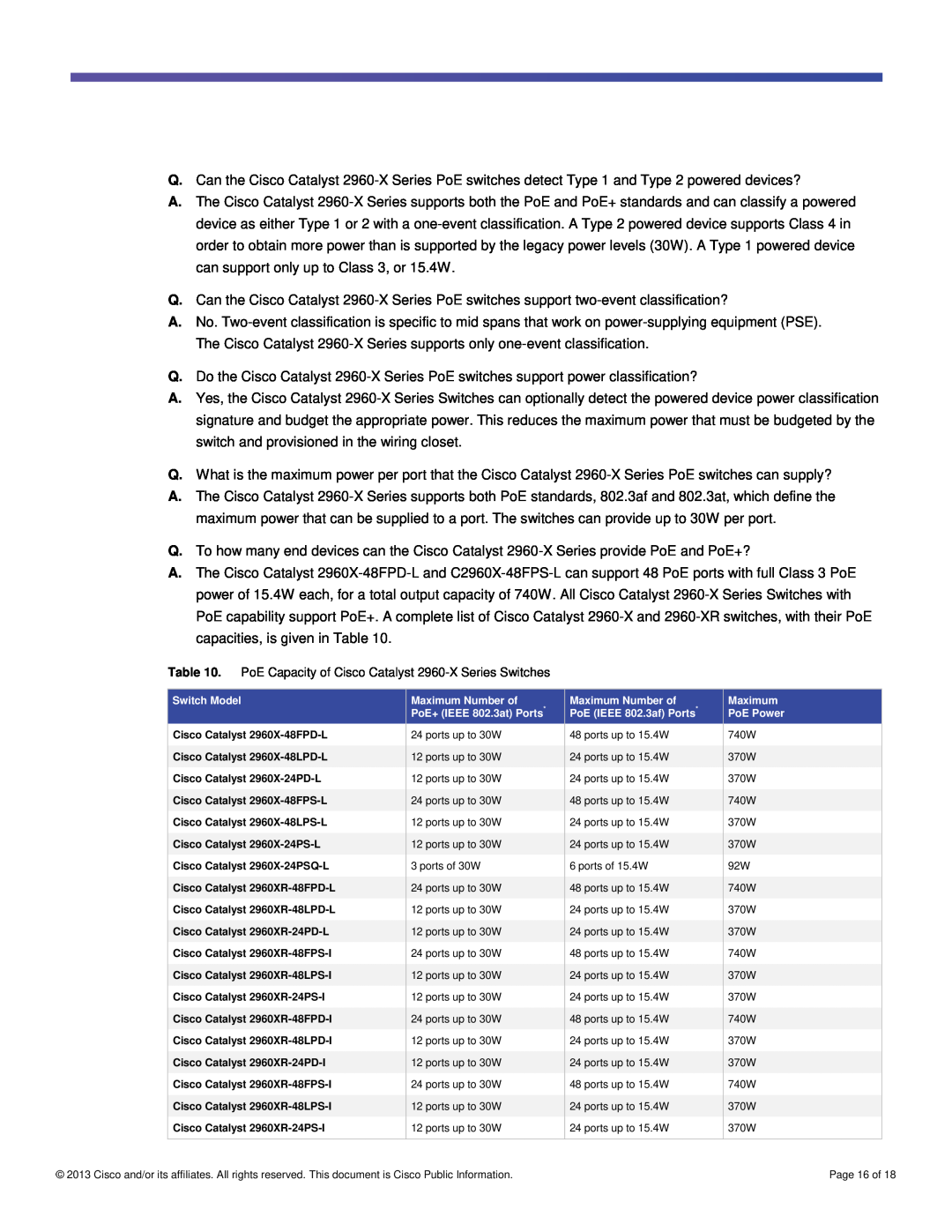 Cisco Systems WSC2960X48TSL, WSC2960XR24TDI manual PoE Capacity of Cisco Catalyst 2960-X Series Switches, Page 16 of 