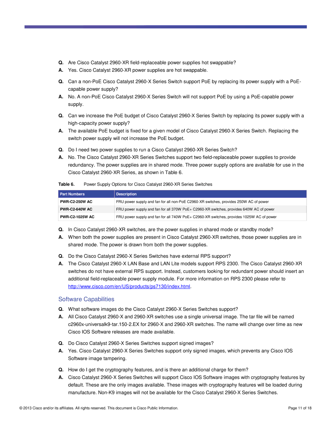 Cisco Systems WSC2960XR48LPDI, WSC2960X48TSL, WSC2960XR24TDI manual Software Capabilities, Part Numbers Description 