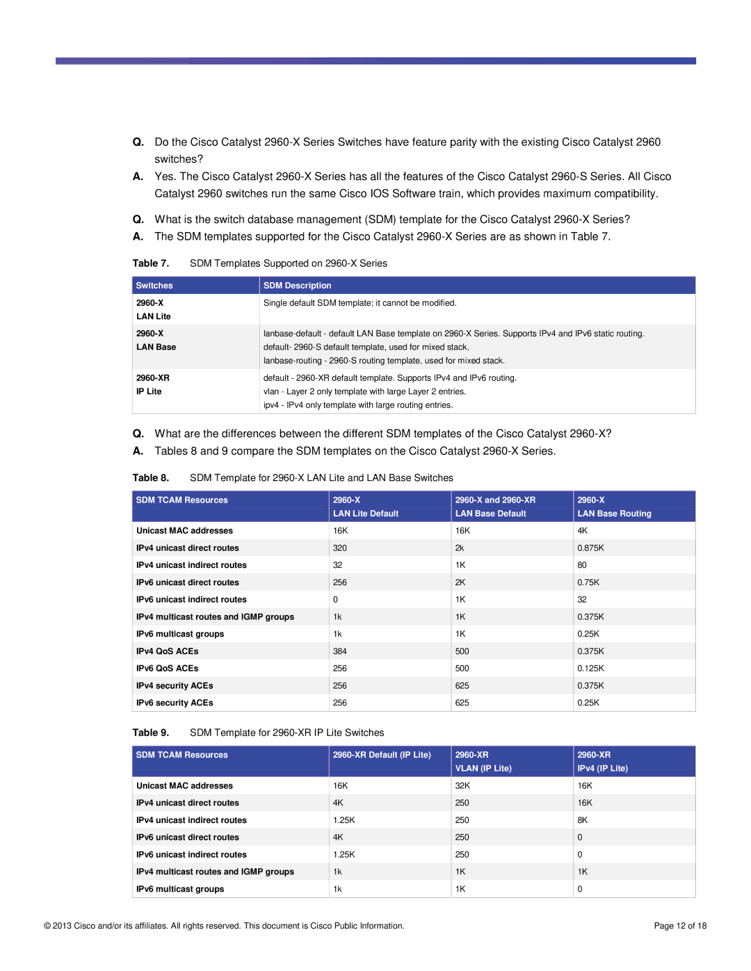 Cisco Systems WSC2960X48TSL manual SDM Templates Supported on 2960-X Series, SDM Template for 2960-XR IP Lite Switches 