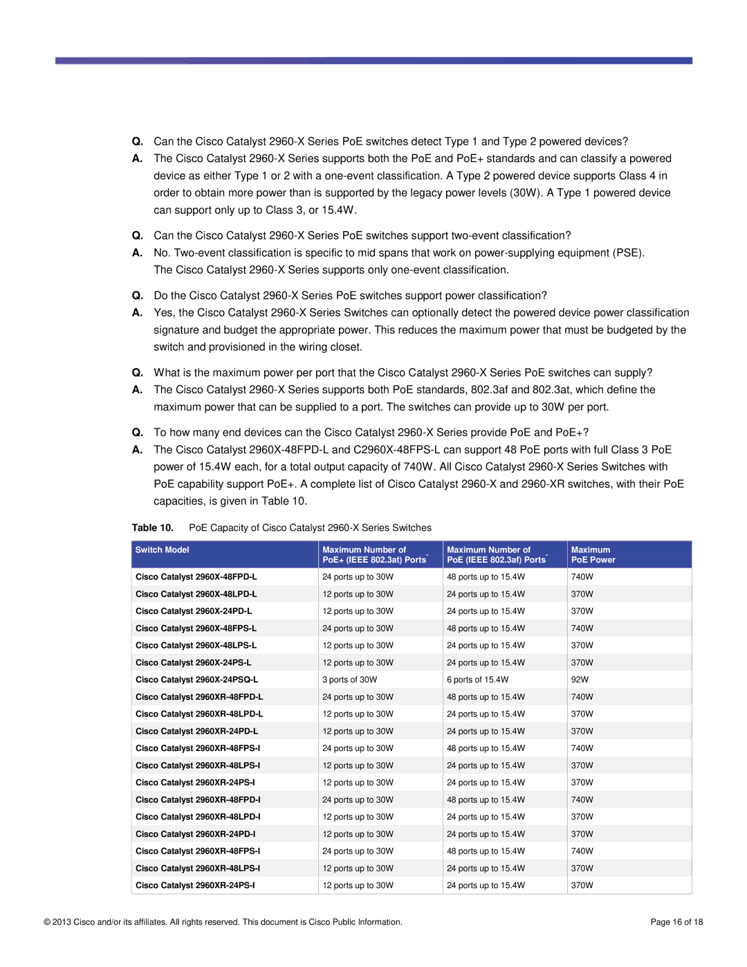 Cisco Systems WSC2960X48TSL, WSC2960XR24TDI, WSC2960XR48FPDI manual PoE Capacity of Cisco Catalyst 2960-X Series Switches 