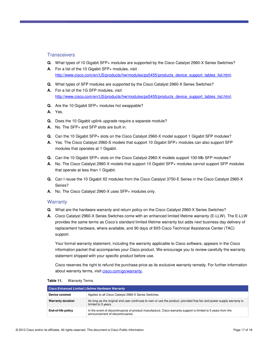 Cisco Systems WSC2960XR24TDI manual Transceivers, Warranty Terms, Cisco Enhanced Limited Lifetime Hardware Warranty 