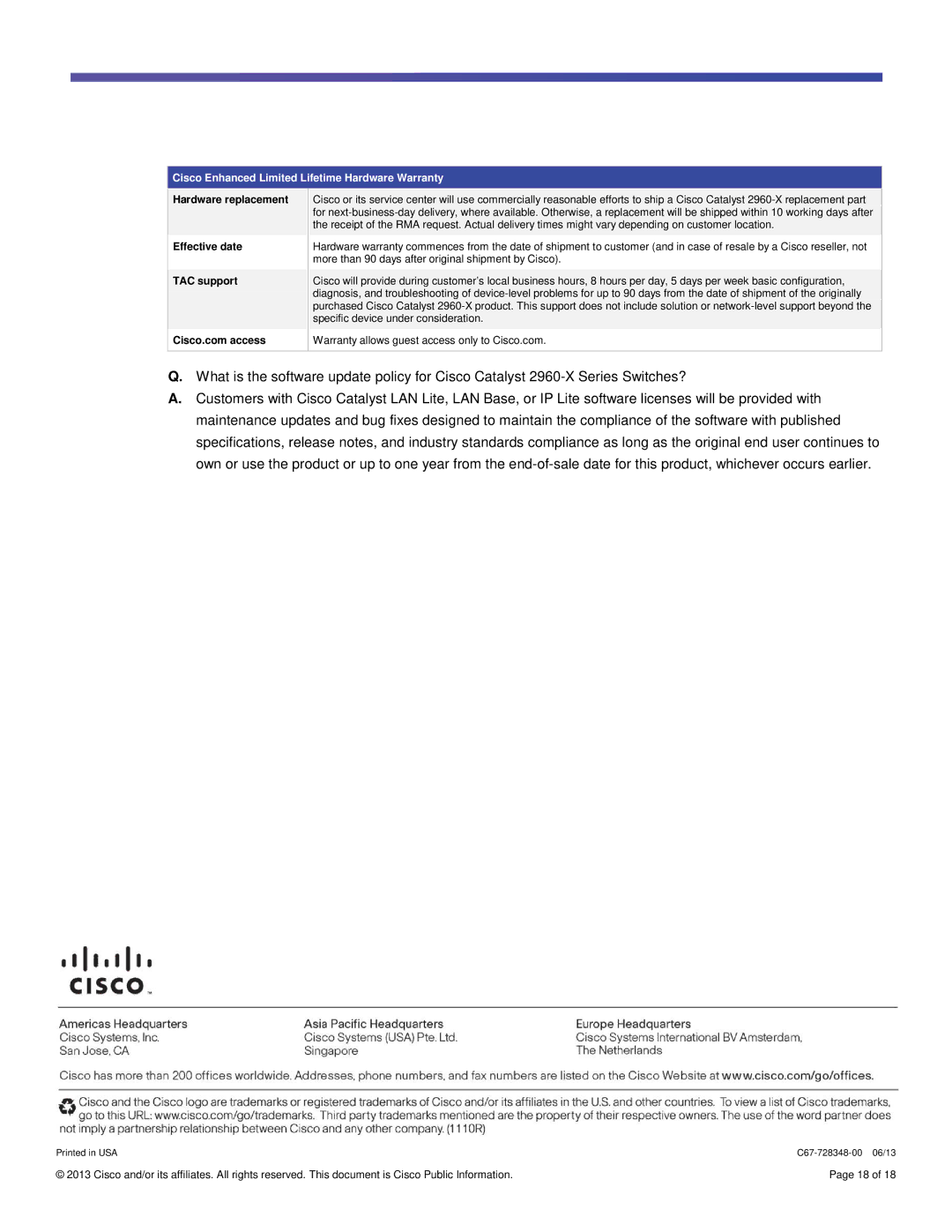 Cisco Systems WSC2960XR48FPDI, WSC2960X48TSL, WSC2960XR24TDI manual Hardware replacement Effective date TAC support 