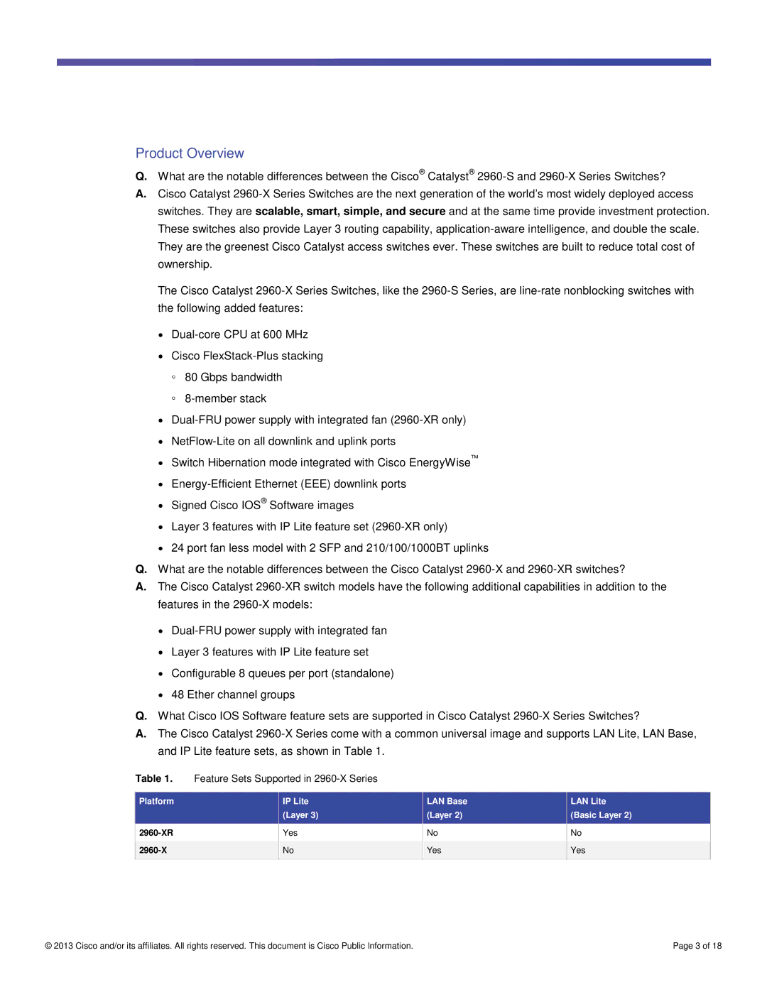 Cisco Systems WSC2960XR48LPDI, WSC2960X48TSL, WSC2960XR24TDI manual Product Overview, Feature Sets Supported in 2960-X Series 