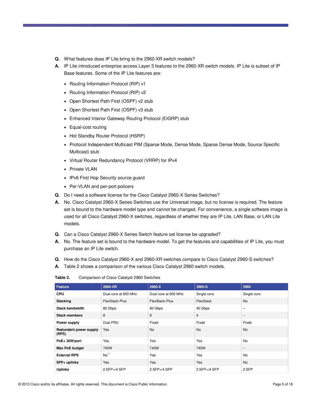 Cisco Systems WSC2960XR24TDI, WSC2960X48TSL, WSC2960XR48FPDI, WSC2960XR48LPDI Comparison of Cisco Catalyst 2960 Switches 