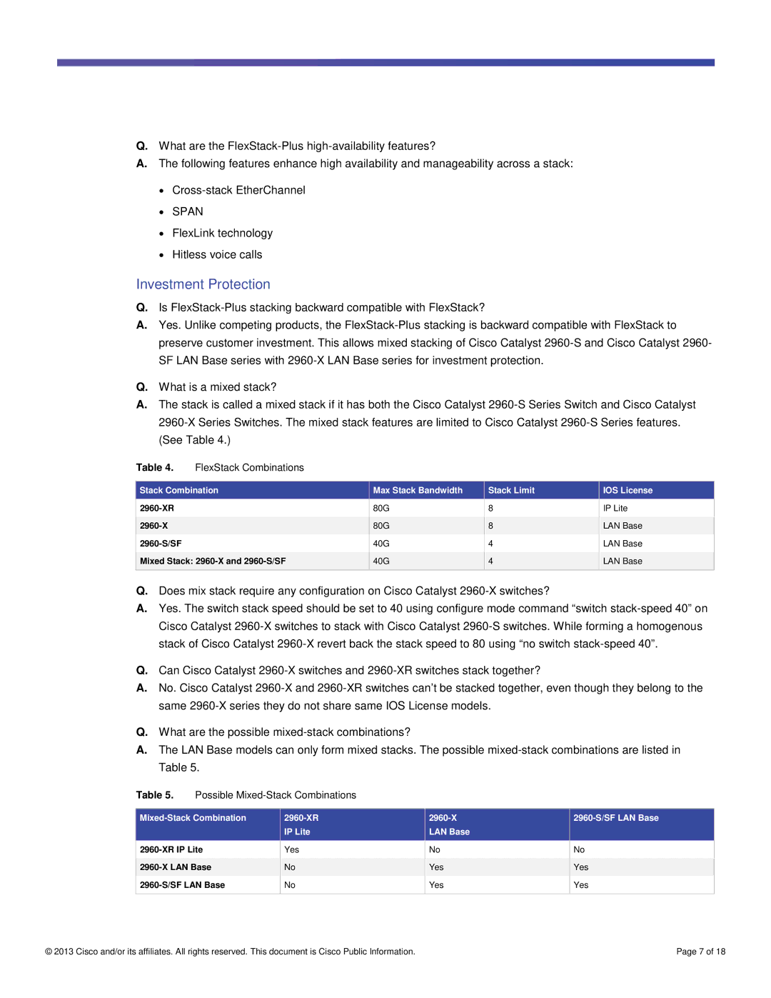 Cisco Systems WSC2960XR48LPDI manual Investment Protection, FlexStack Combinations, Possible Mixed-Stack Combinations 