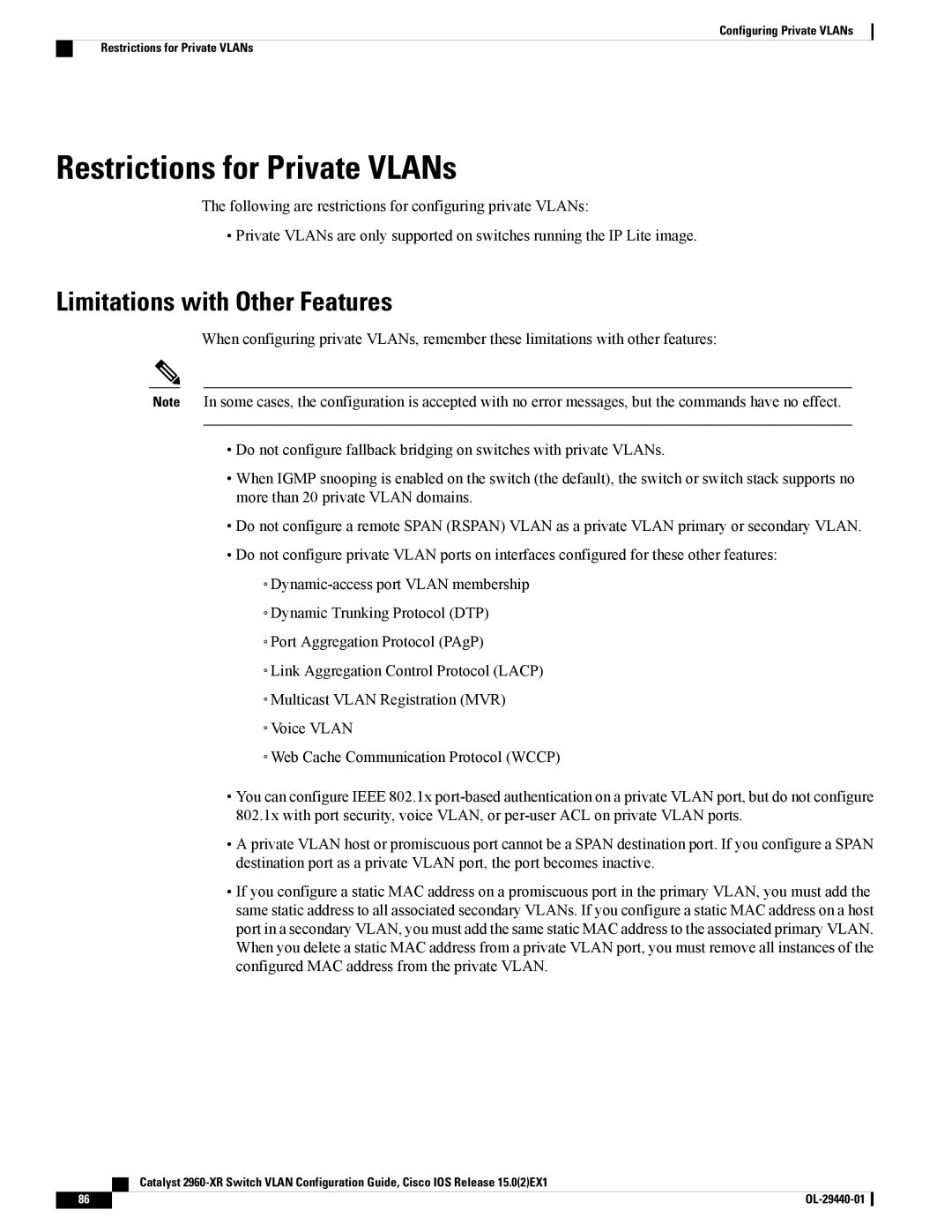 Cisco Systems WSC2960XR48FPSI manual Restrictions for Private VLANs, Limitations with Other Features 