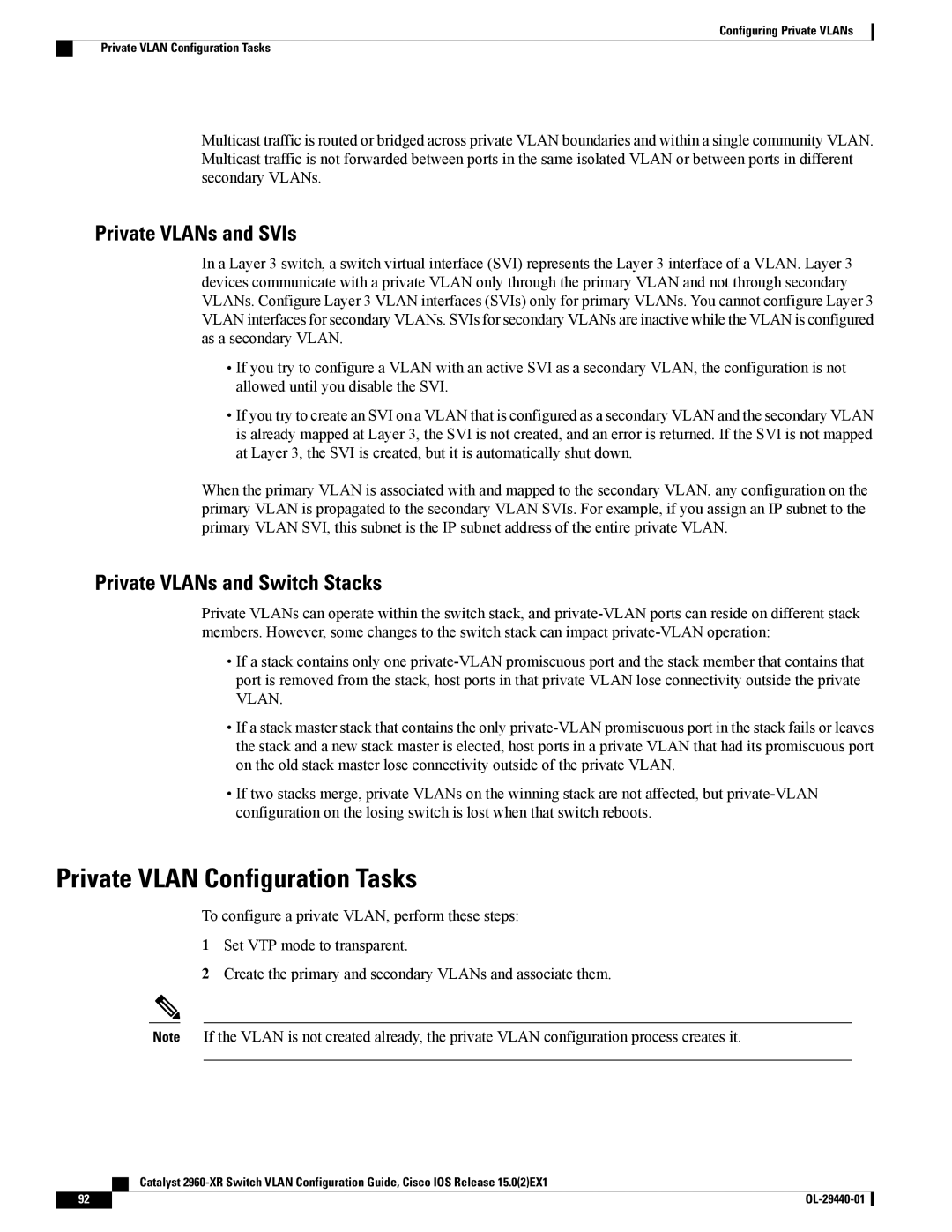 Cisco Systems WSC2960XR48FPSI Private Vlan Configuration Tasks, Private VLANs and SVIs, Private VLANs and Switch Stacks 