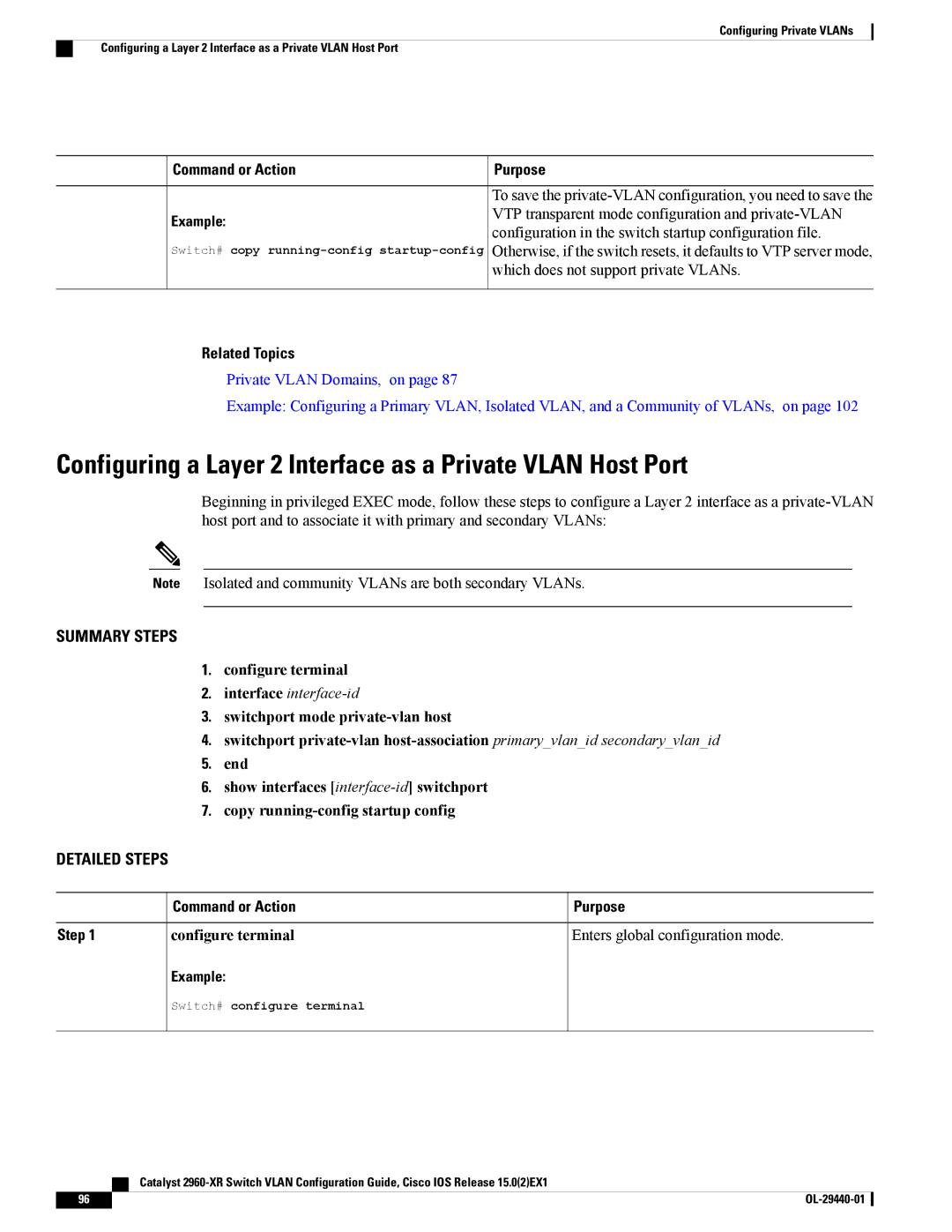 Cisco Systems WSC2960XR48FPSI manual Configuring a Layer 2 Interface as a Private Vlan Host Port, Command or Action 