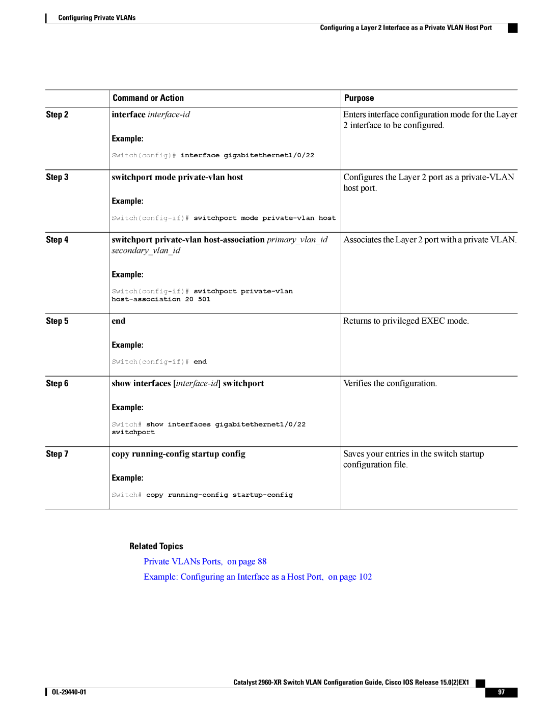 Cisco Systems WSC2960XR48FPSI manual Interface to be configured, Switchport private-vlan host-association primaryvlanid 