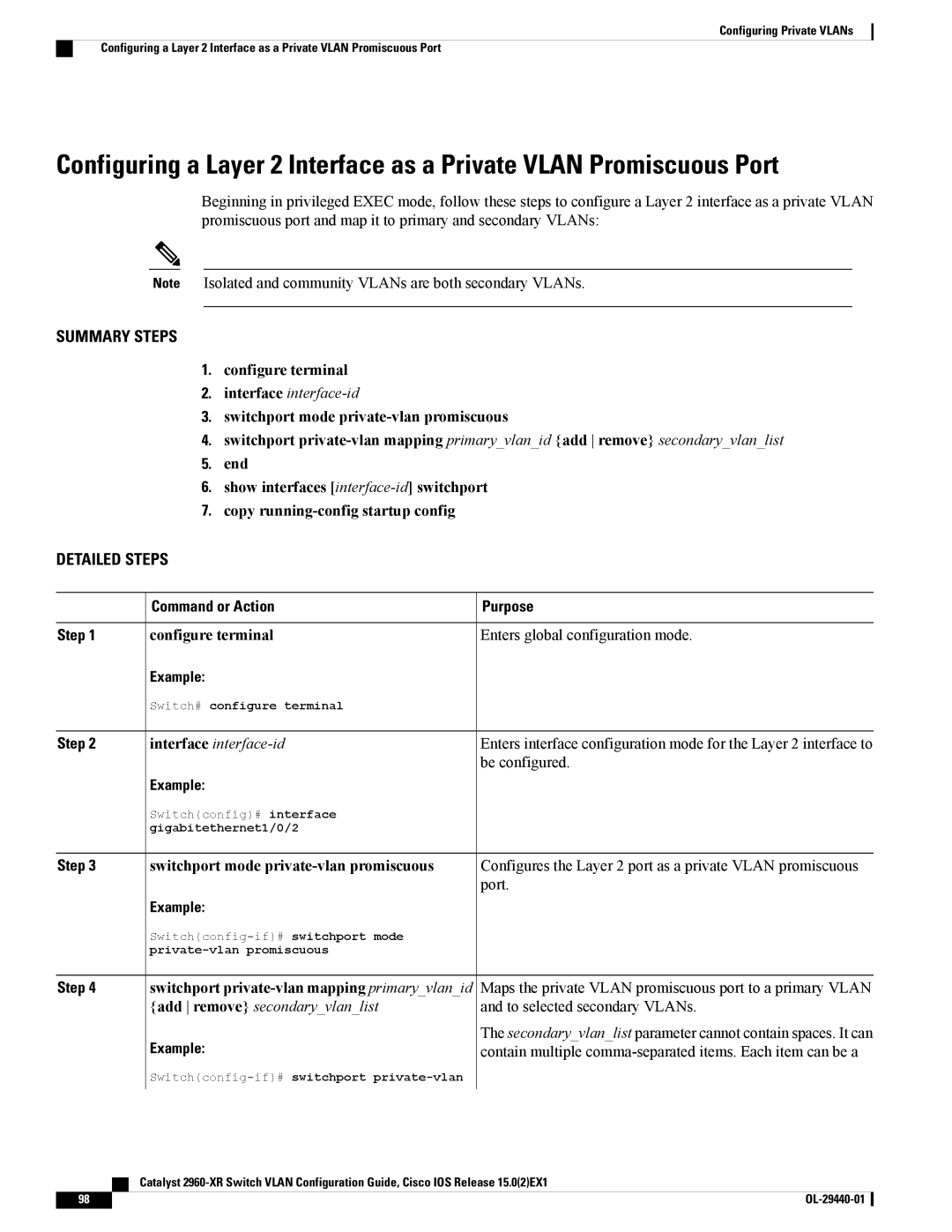 Cisco Systems WSC2960XR48FPSI manual Be configured, Switchport private-vlan mapping primaryvlanid 