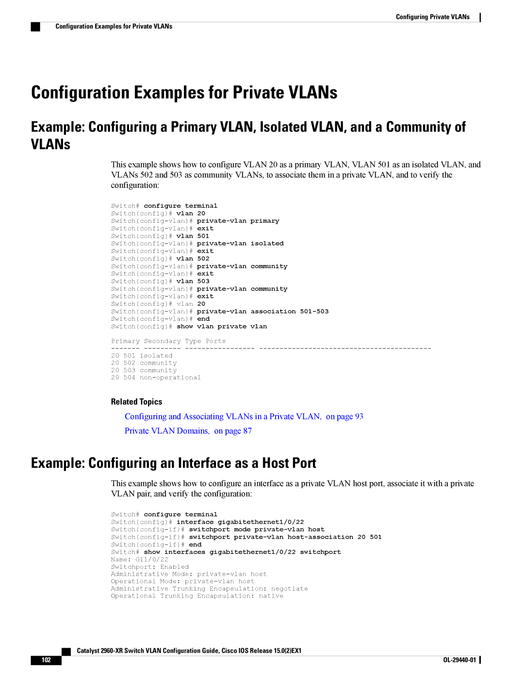 Cisco Systems WSC2960XR48FPSI Configuration Examples for Private VLANs, Example Configuring an Interface as a Host Port 