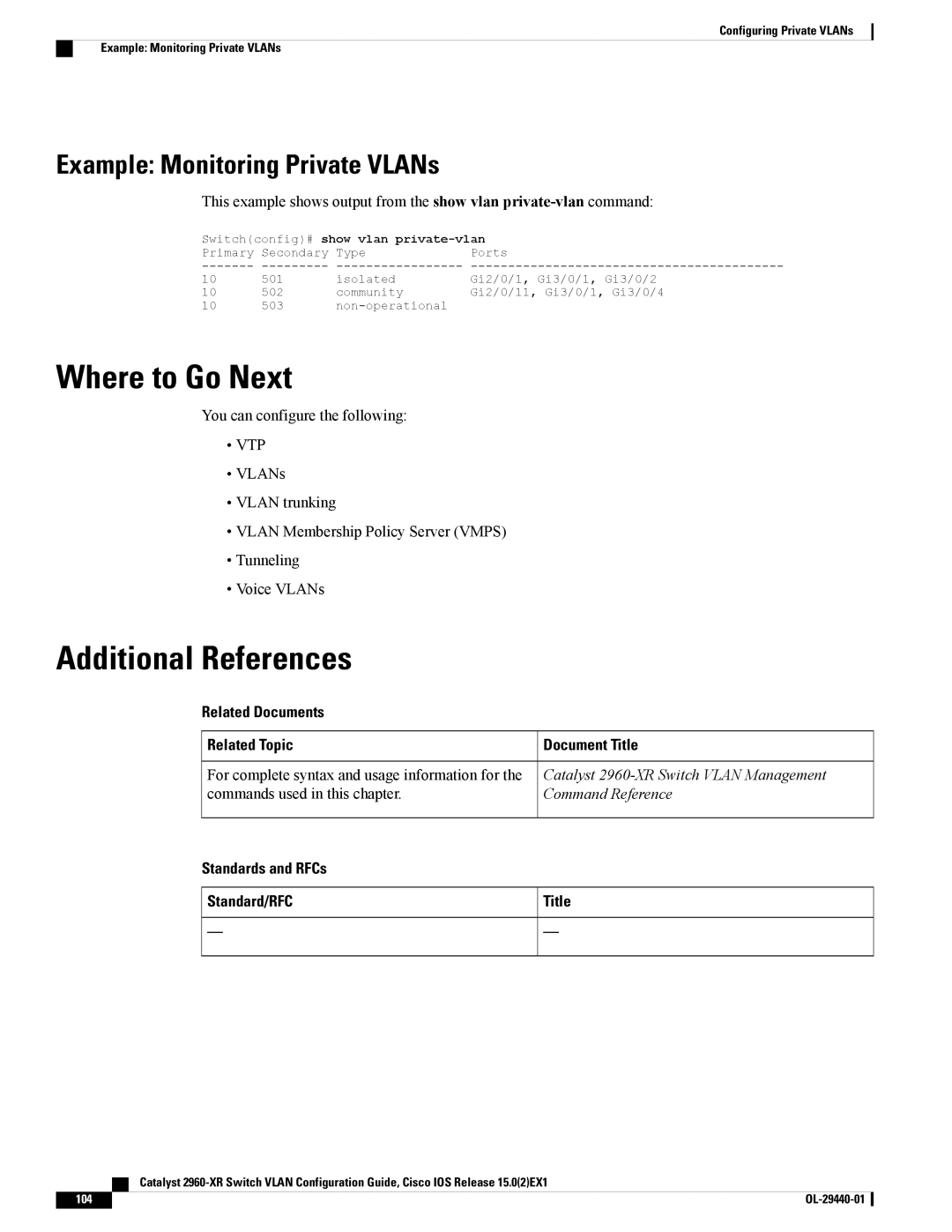 Cisco Systems WSC2960XR48FPSI manual Example Monitoring Private VLANs, For complete syntax and usage information for 