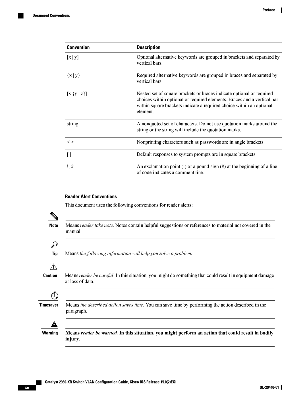 Cisco Systems WSC2960XR48FPSI manual Reader Alert Conventions 