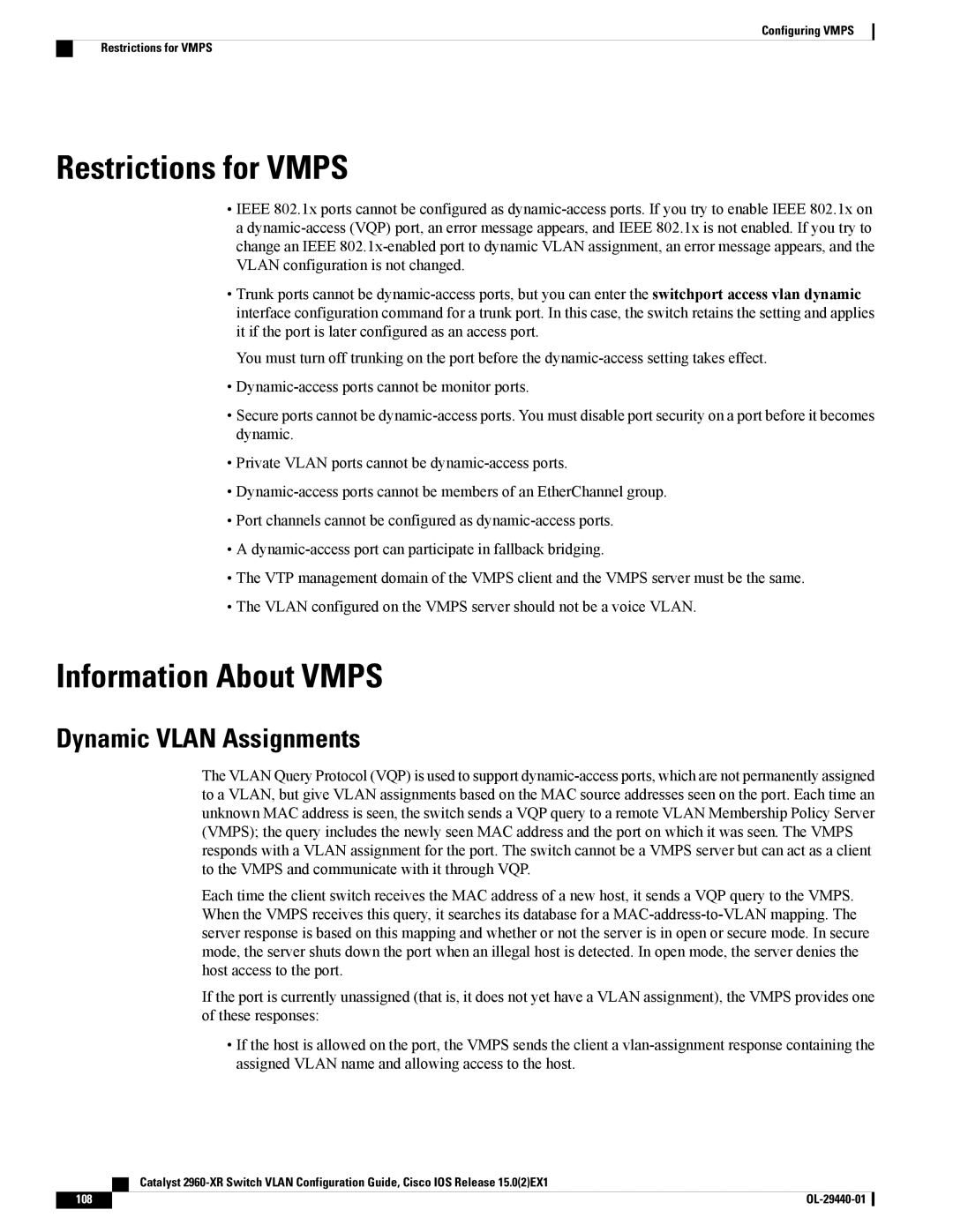 Cisco Systems WSC2960XR48FPSI manual Restrictions for Vmps, Information About Vmps, Dynamic Vlan Assignments 