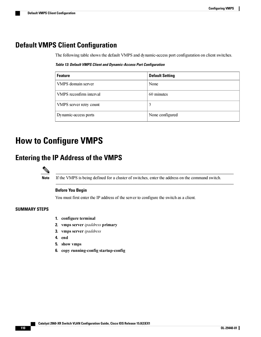 Cisco Systems WSC2960XR48FPSI manual How to Configure Vmps, Default Vmps Client Configuration 