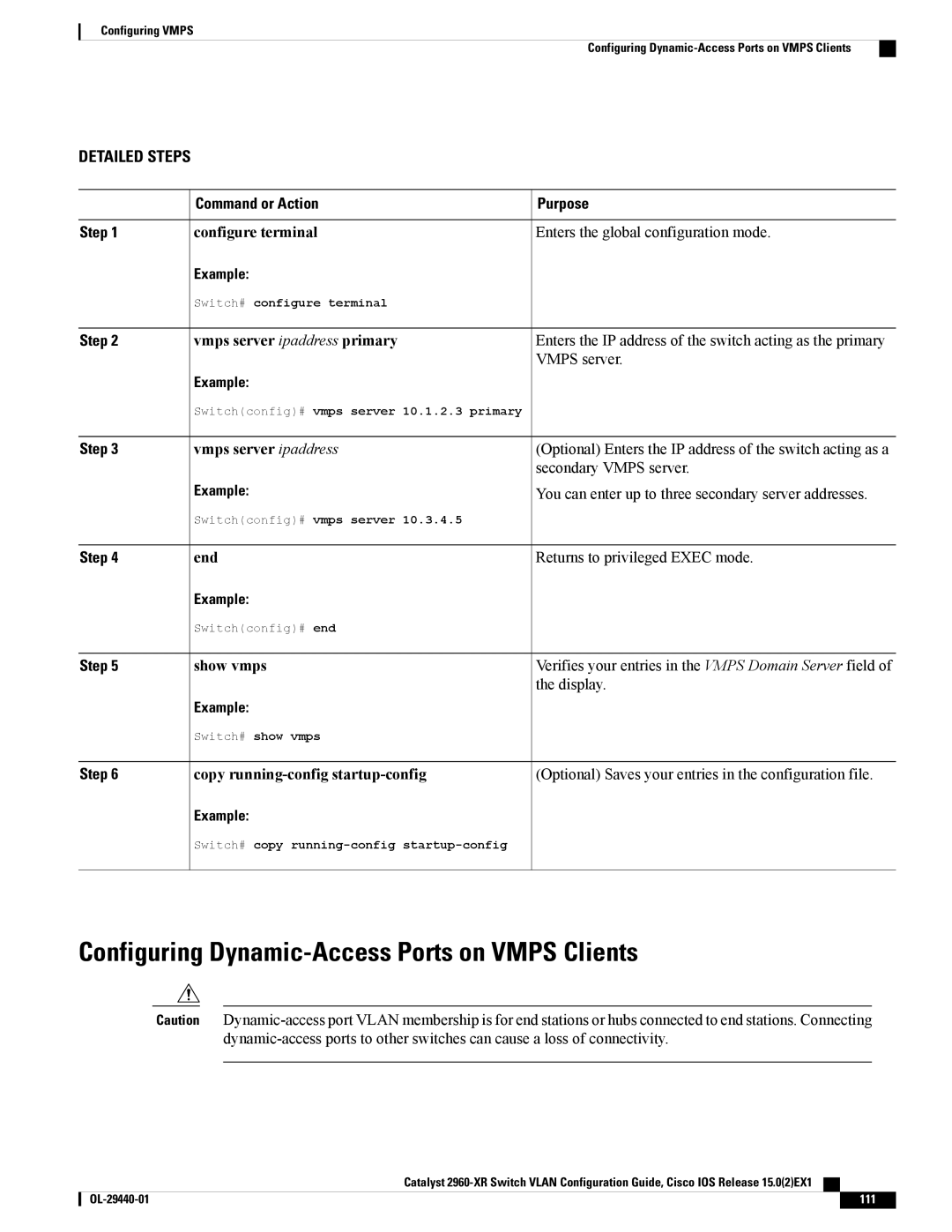 Cisco Systems WSC2960XR48FPSI manual Configuring Dynamic-Access Ports on Vmps Clients, Vmps server ipaddress 