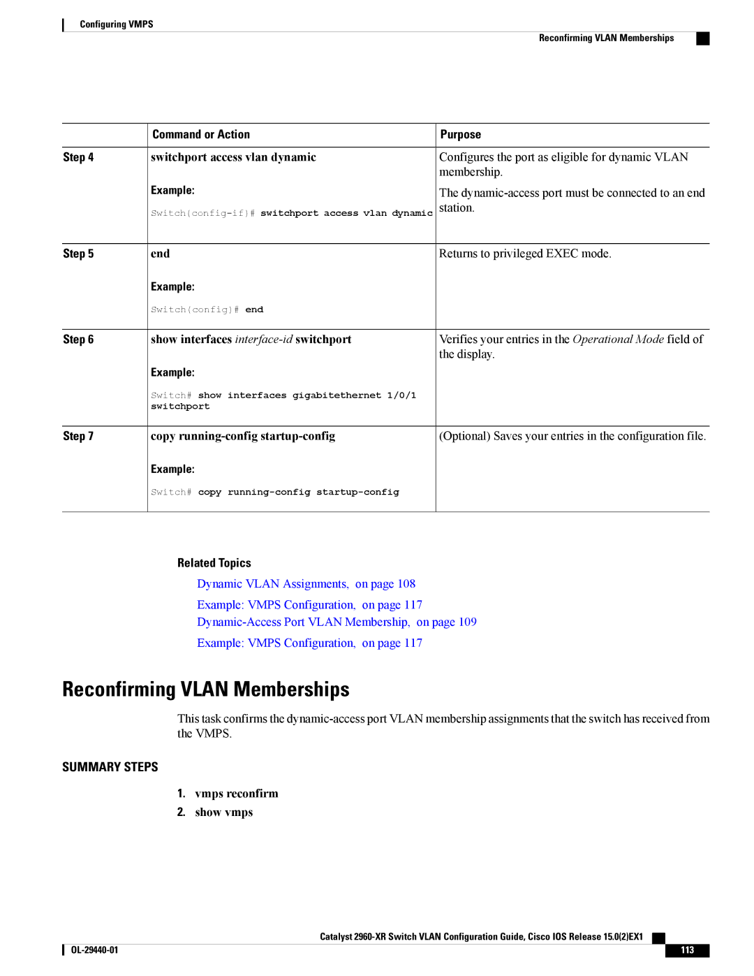 Cisco Systems WSC2960XR48FPSI manual Reconfirming Vlan Memberships, Vmps reconfirm Show vmps 