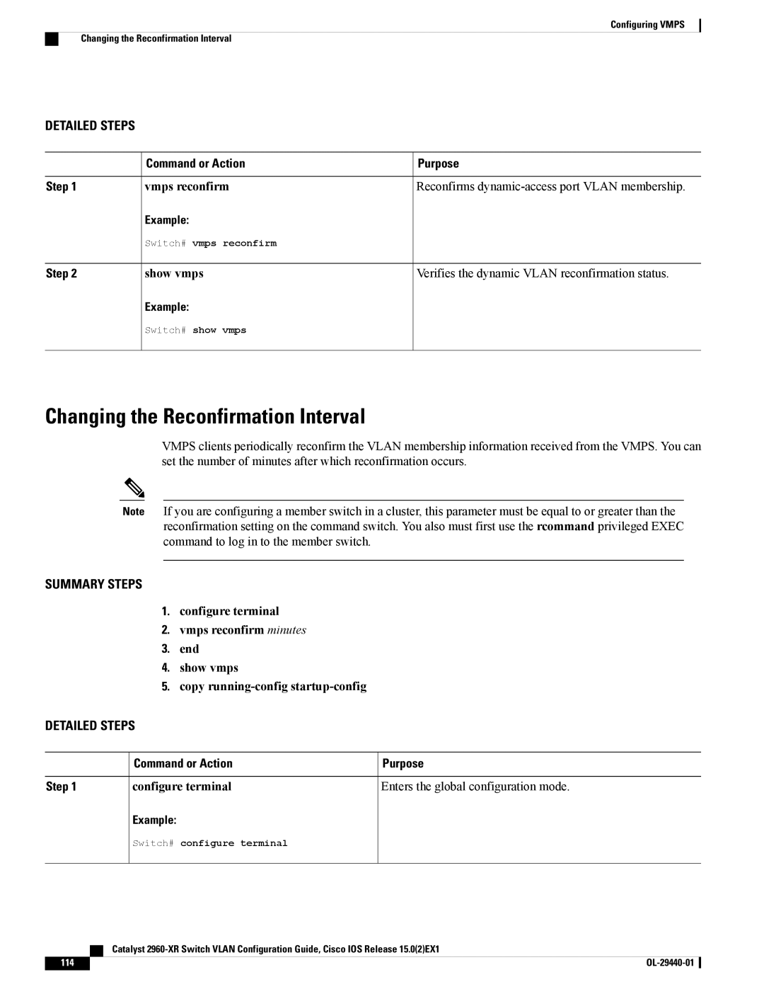 Cisco Systems WSC2960XR48FPSI manual Changing the Reconfirmation Interval, Vmps reconfirm 