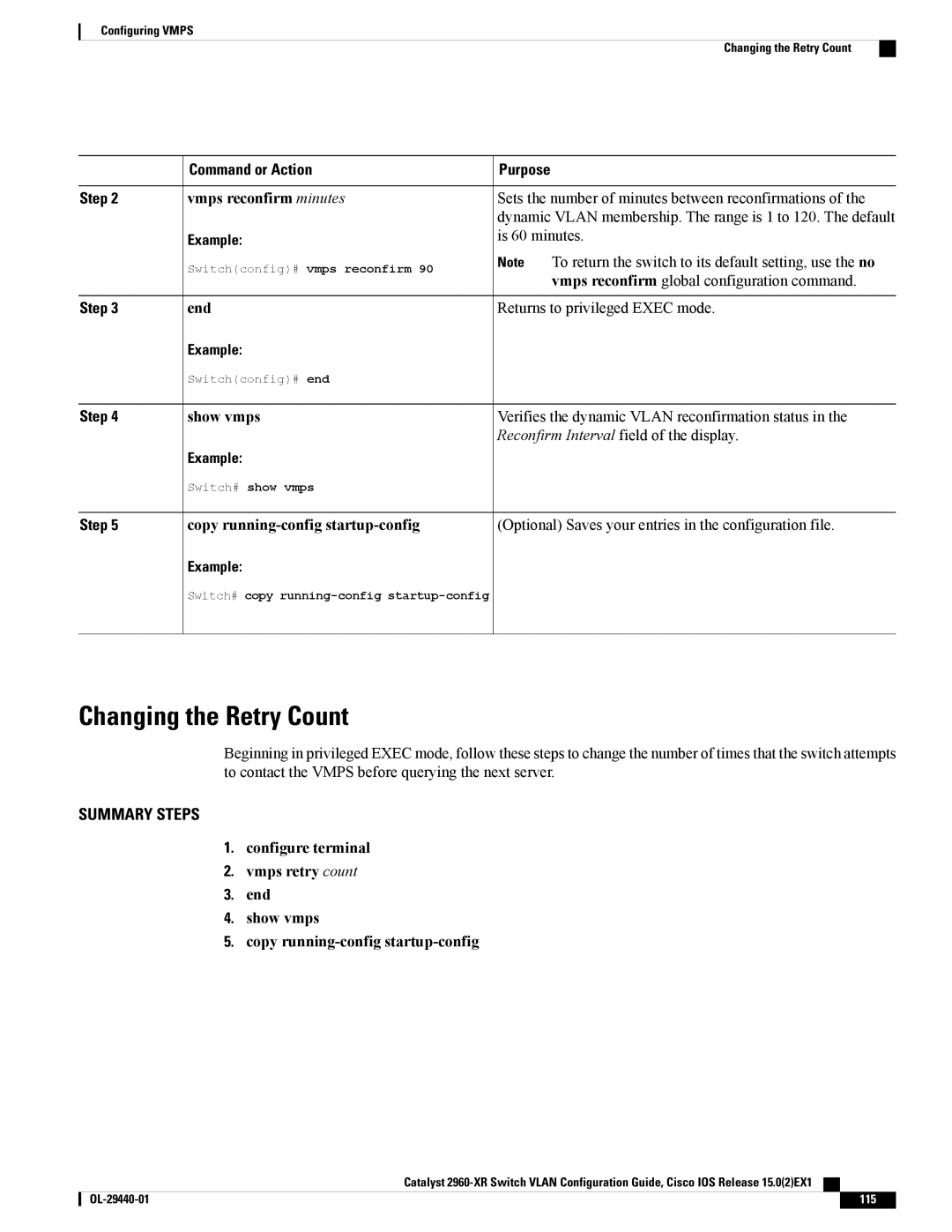 Cisco Systems WSC2960XR48FPSI manual Changing the Retry Count, Command or Action 